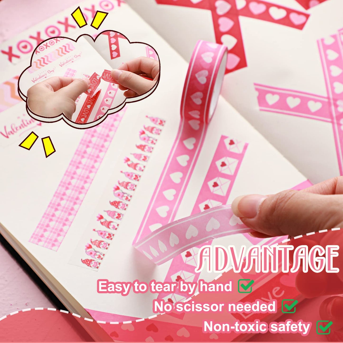 12 Rolls Valentine's Day Washi Tape Set Decorative 0.59 x 196 Inch Pink Love Heart Washi Tape Gnome Heart Masking Paper Supplies for DIY Crafts Scrapbook Giftwrap Wedding Party Decor