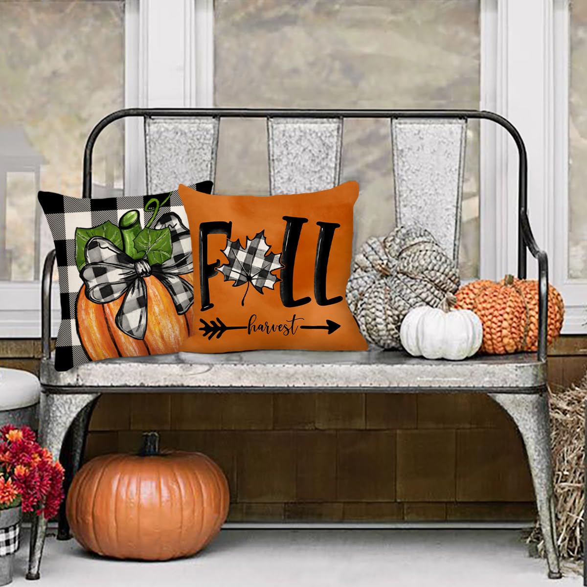 4TH Emotion Fall Pillow Covers 18x18 Set of 4 Thanksgiving Buffalo Check Farmhouse Decorations Orange Pumpkin Outdoor Autumn Farm Truck Pillows Decorative Throw Cushion Case for Home Decor S23F22