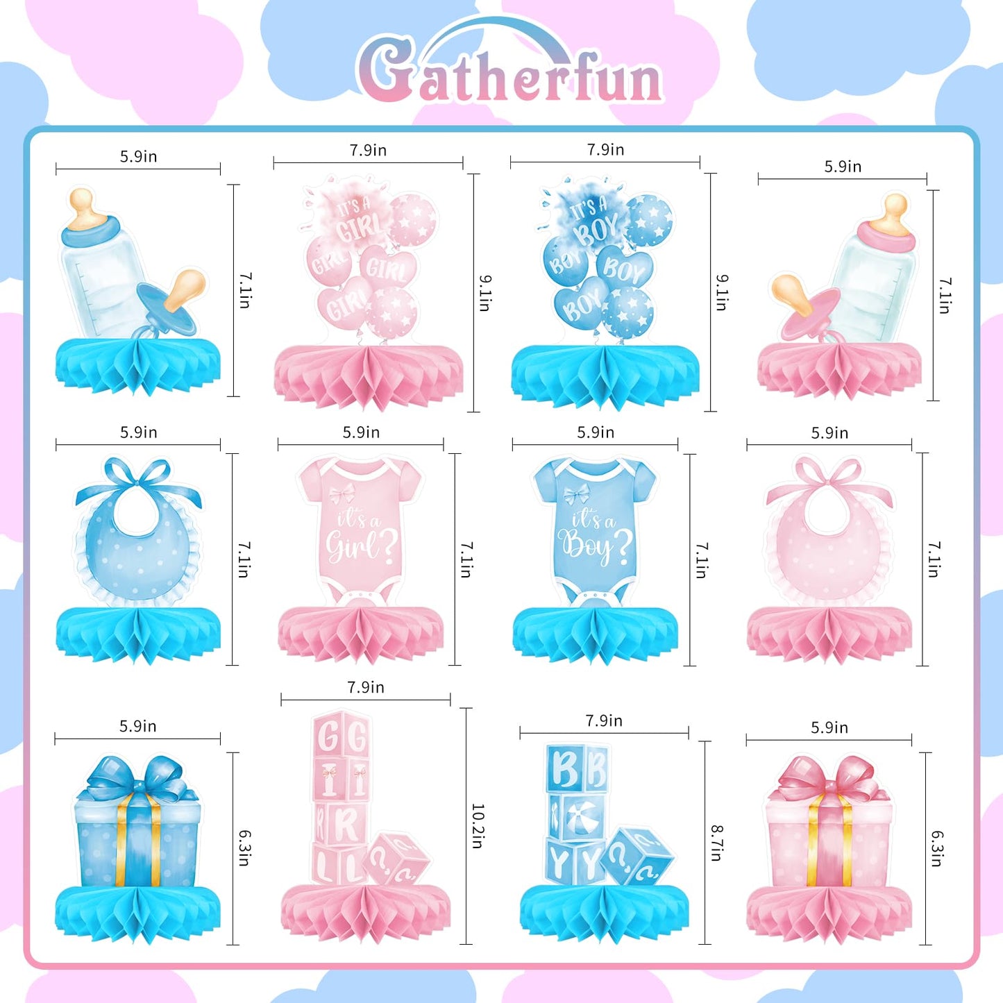Gender Reveal Decoration Set - Includes Baby Reveal Table Decorations with Honeycomb Centerpiece for Boy or Girl Baby Shower Party Decoration