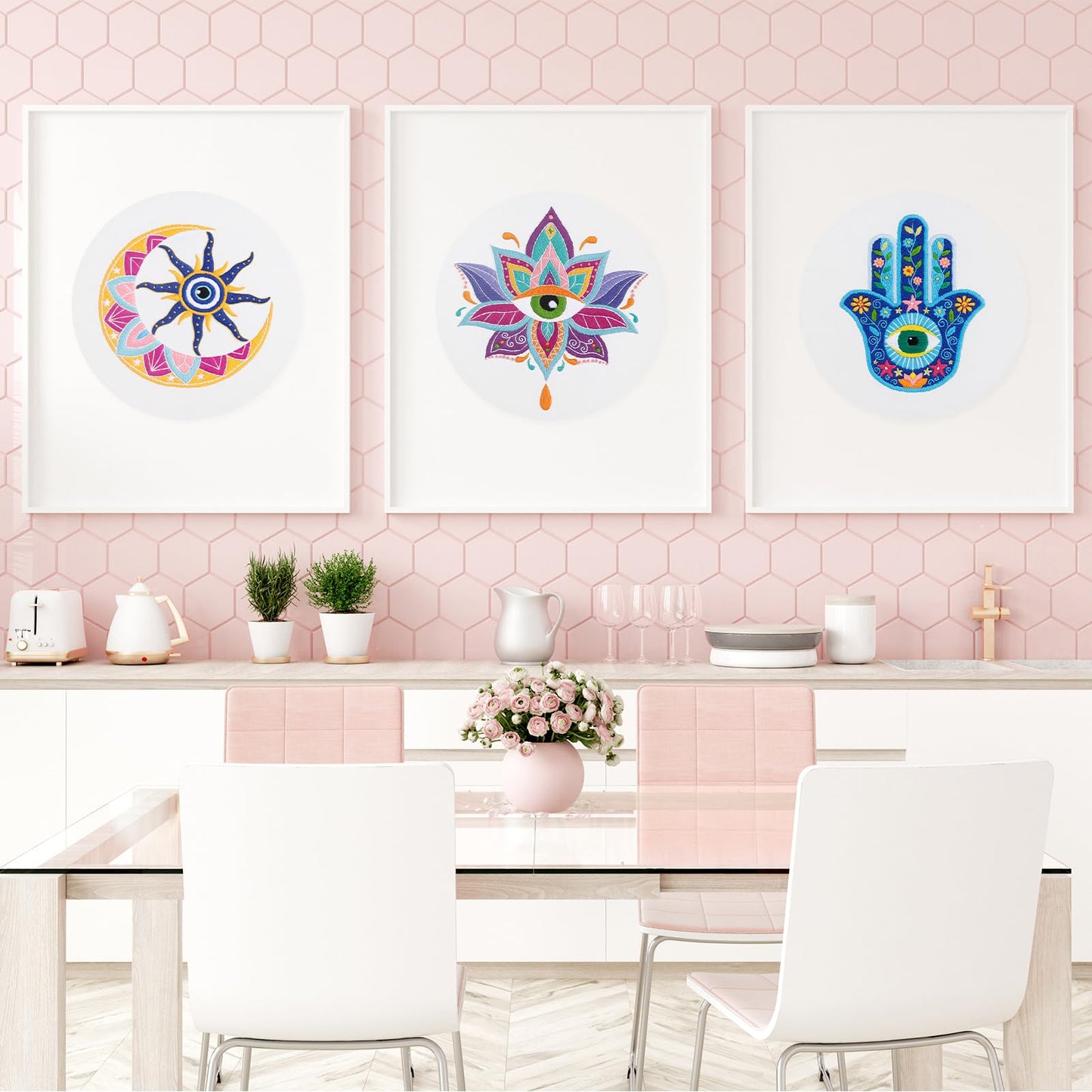 Louise Maelys 3 Set Tarot Evil Eye Embroidery Kits for Beginners,Adults Starter Cross Stitch Kit DIY Needlepoint with Hamsa Hand Sun Moon louts Flower Pattern