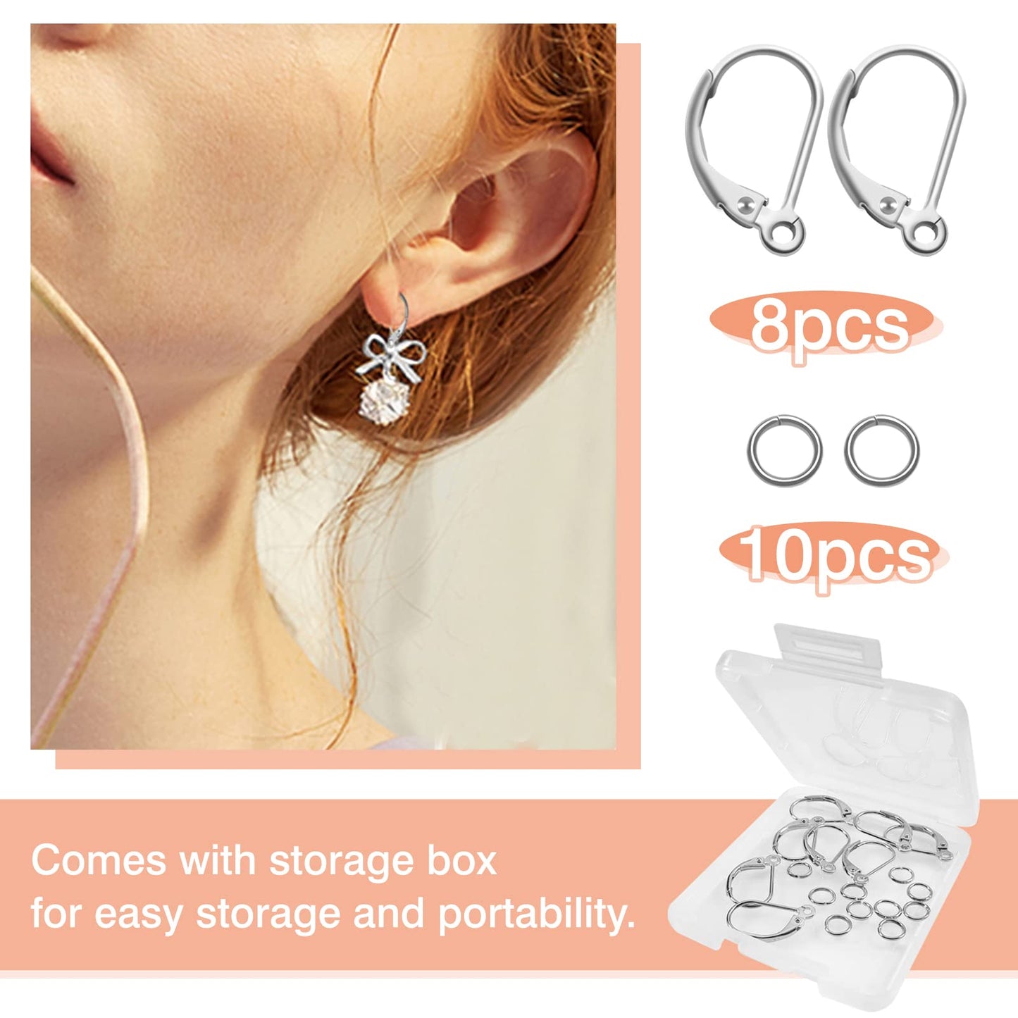 TOAOB 8pcs 925 Sterling Silver Leverback French Earring Hooks Hypoallergenic Dangle Earwire Findings 16x9mm with Jump Rings for Jewelry Making