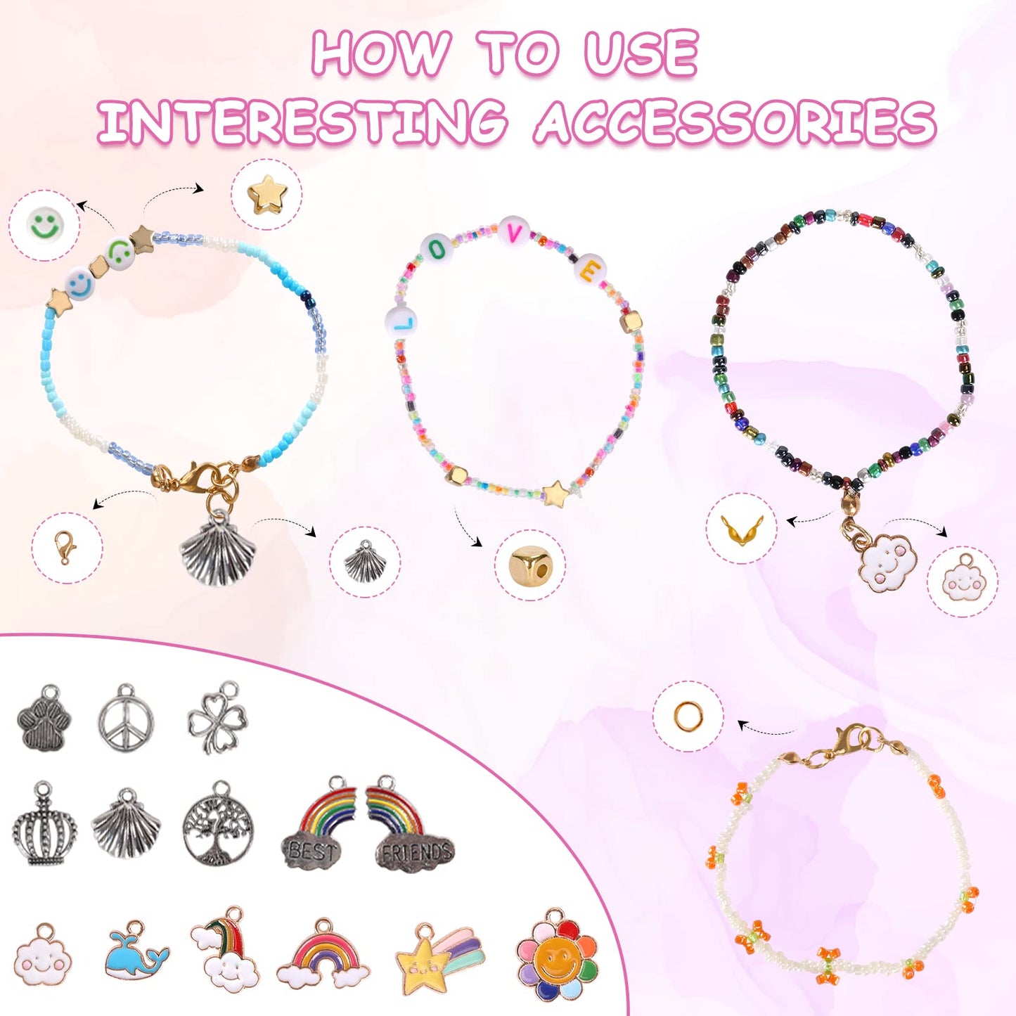 QUEFE 48000pcs 2mm Glass Seed Beads for Jewelry Making Kit, 96 Colors Small Bracelet Beads with Pendant Charms Kit and Letter Beads for Bracelets Necklace Ring Making, DIY, Art and Craft