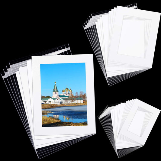 12 Sets White Picture Mat Set, 5" x 7", 8" x 10", 11" x 14" Photo Frame Mattes with White Core Bevel Cutting Mat Board and 20 Transparent Bags for Packaging Photo Picture Artwork