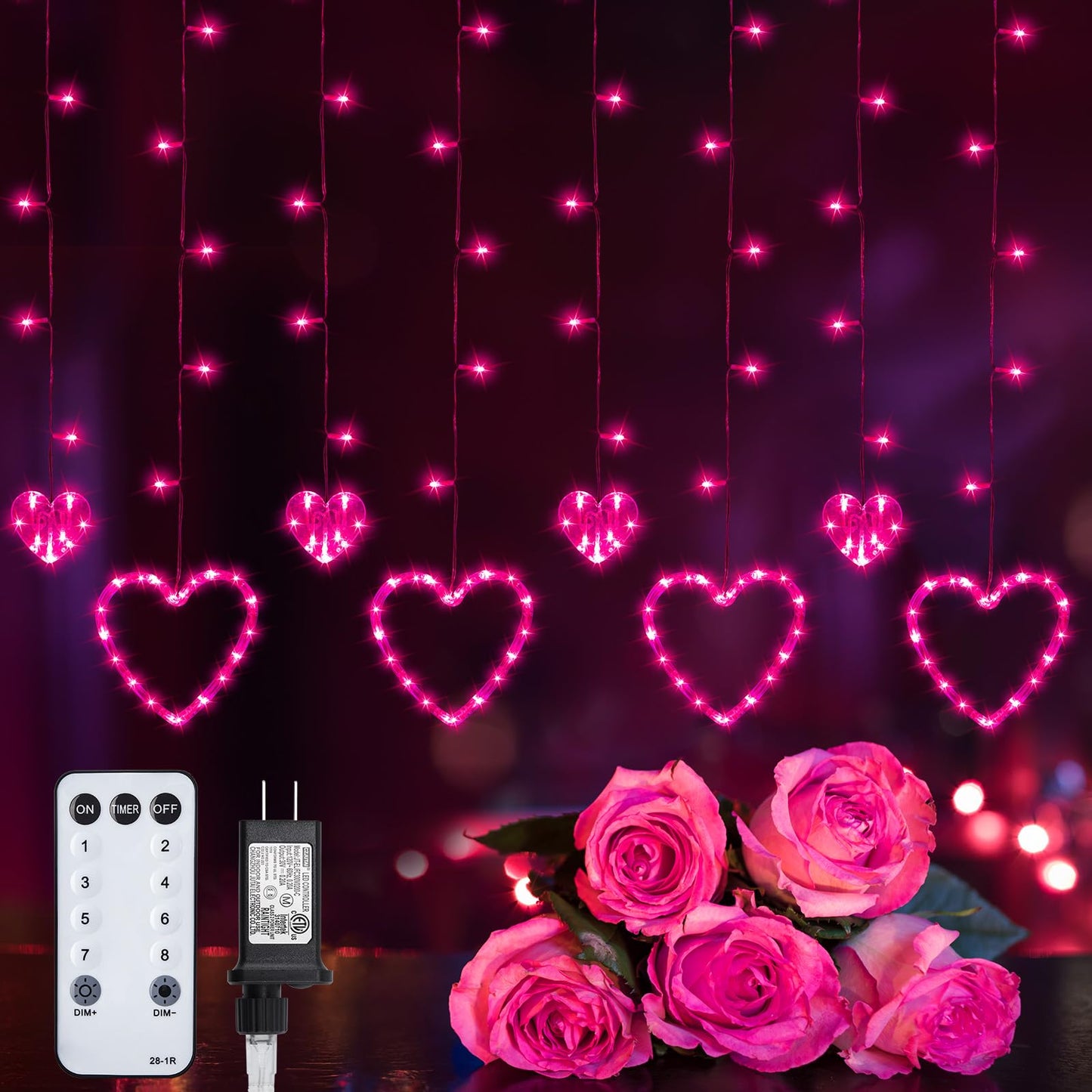 Valentines Day Decor, Pink Love Heart String Lights for Bedroom, 12 Hearts 138 LED Fairy Twinkle Lights with Remote, 8 Lighting Modes Connectable Window Lights for Valentine's Day Wedding Home Decor
