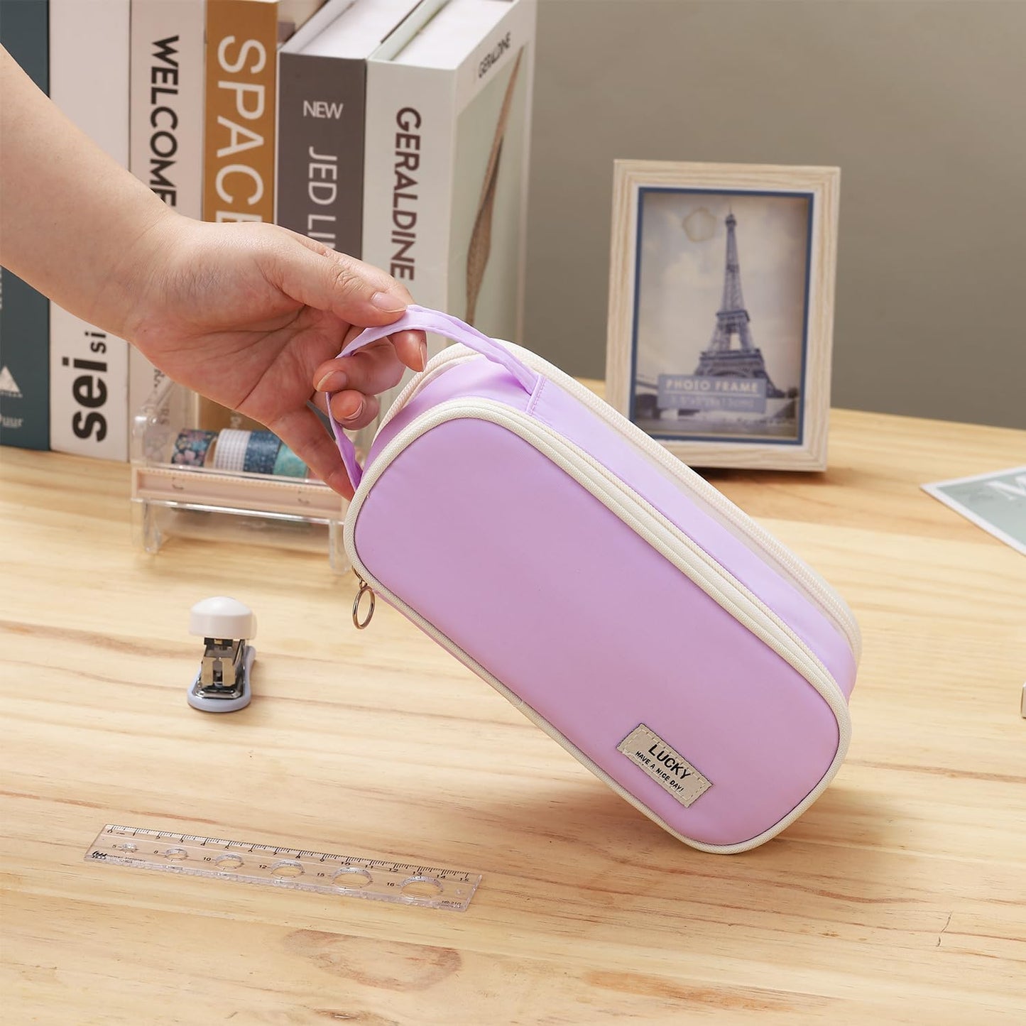 Dugio Large Pencil Case Zipper Pencil Pouch for Girls Adults Kids Aesthetic Pencil Bag Organizer Big Capacity Pen Bag with Handle Portable for School Office Purple