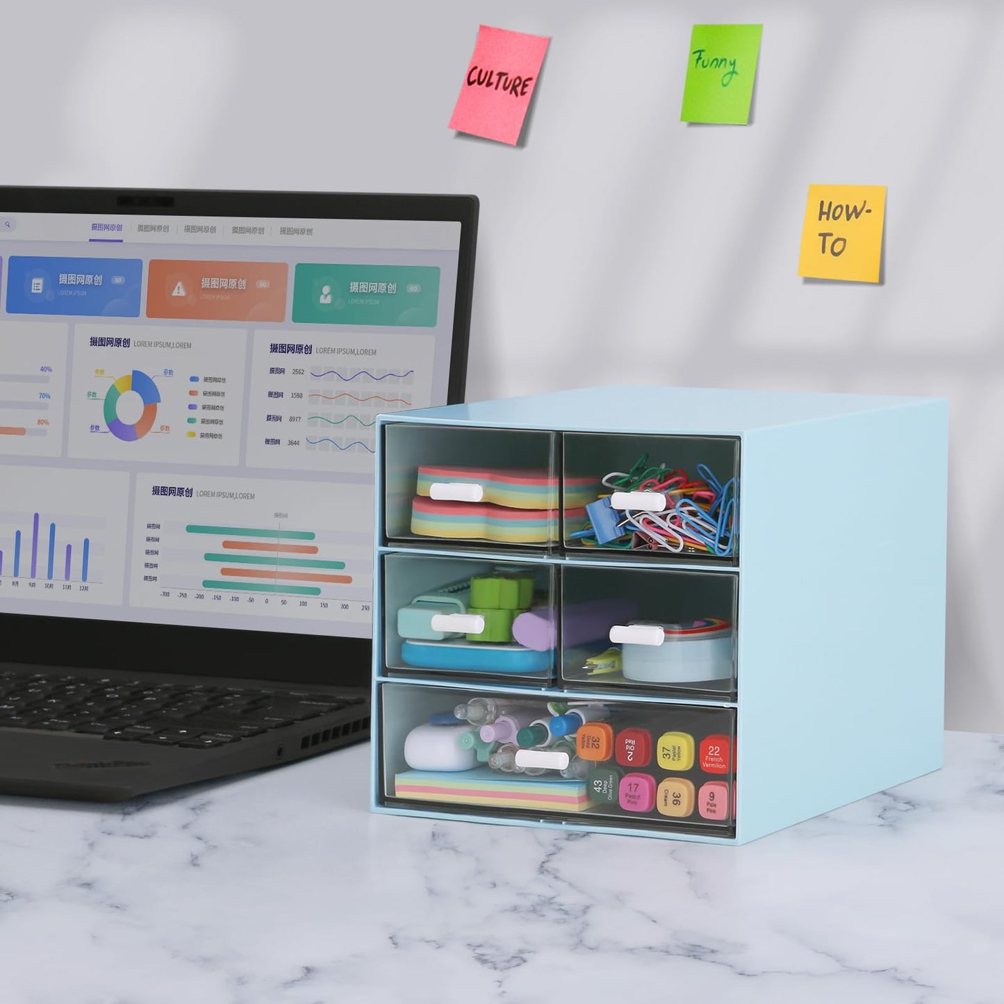 Desk Organizer with 5 Drawers, Rectangular Office Stationery Supplies Desktop Drawers, Plastic Makeup Storage, Suitable for Office, School, Home (Blue & 5 Drawers)