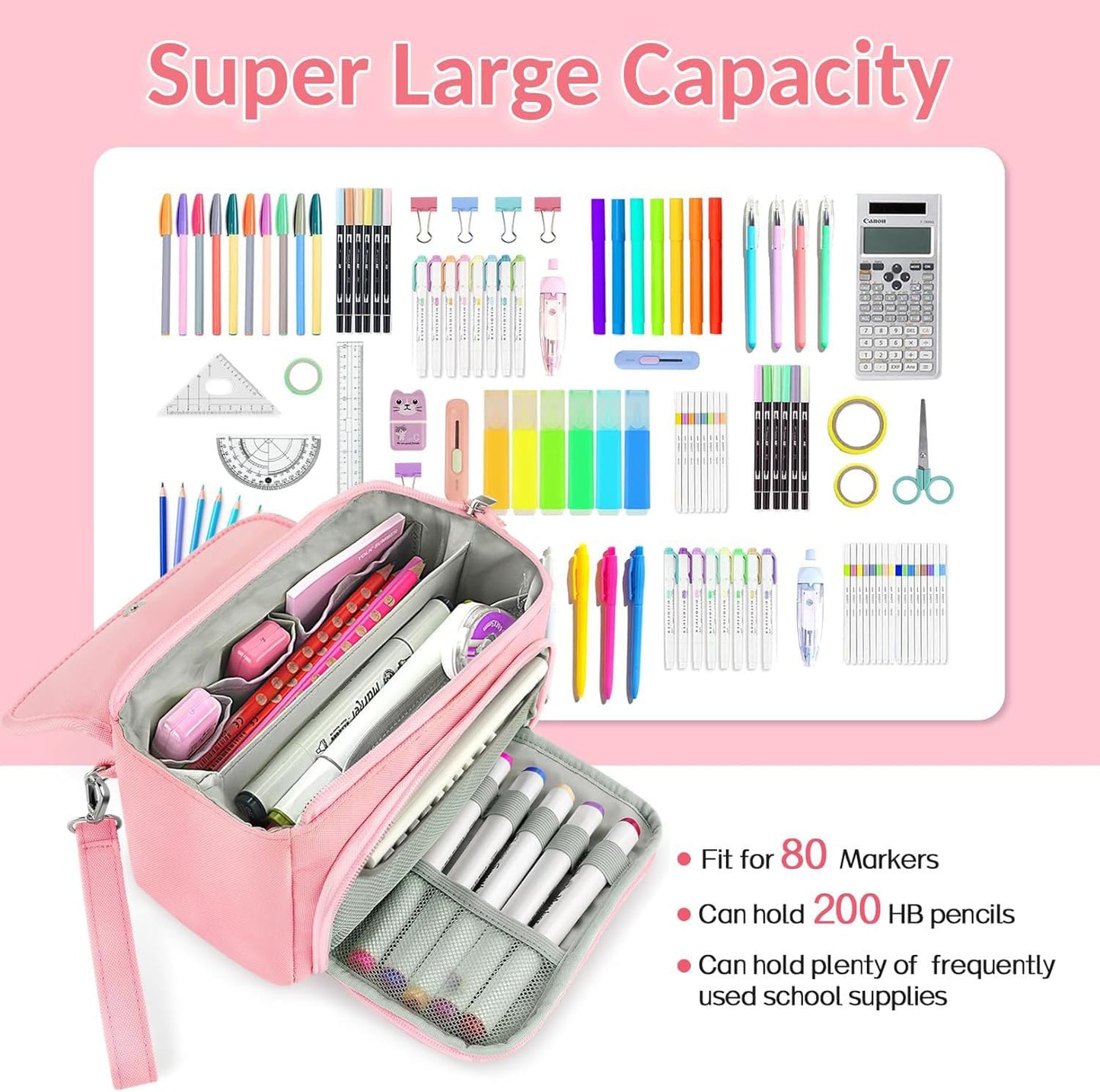 Sooez Super Large Pencil Case, Big Capacity Pencil Bag with 3 Compartments, can hold 100 pencils, Cute Pencil Pouch with Zipper, Portable Stationery Pen Bag, Aesthetic School Supplies For Girls, Pink