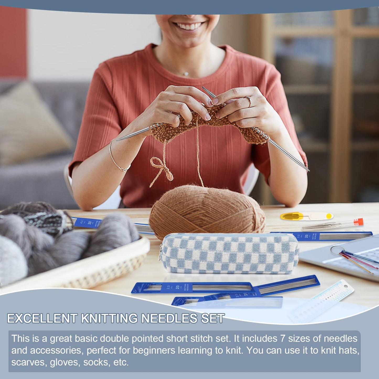 Aeelike 35pcs Short Knitting Needles Set Metal - Double Pointed Knitting Needles Stainless Steel Knitting Needles Double Ended with Case and Large-Eye Needles Stitch Markers Scissors Knitting Supplies