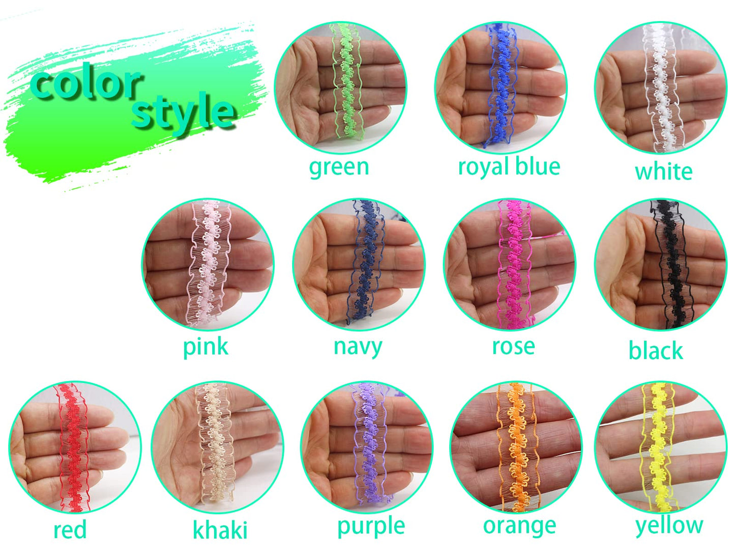 JESEP YONG 120 Yards Elastic Ruffle Ribbon for Sewing Assortment Organza Lace Trim 3/4 inch Stretch Crochet Craft Lace Trim Band Clothing and Garment for DIY Headband-Clothes-Bonnets-Hat