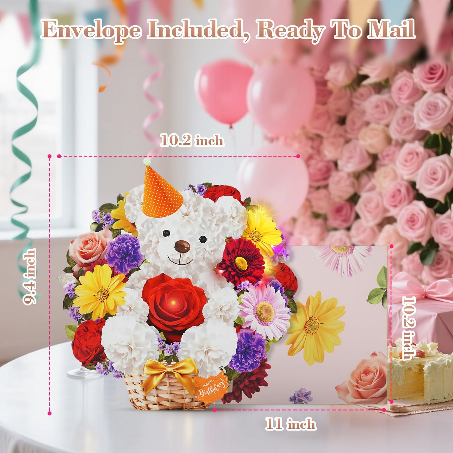 MZD8391 Birthday Cards with MUSIC & LIGHTS, Happy Birthday Card, Bear & Daisy, 10 Inch Life Sized Forever Flower Bouquet 3D Pop Up Greeting Card for Wife Mom Daughter Grandma Women