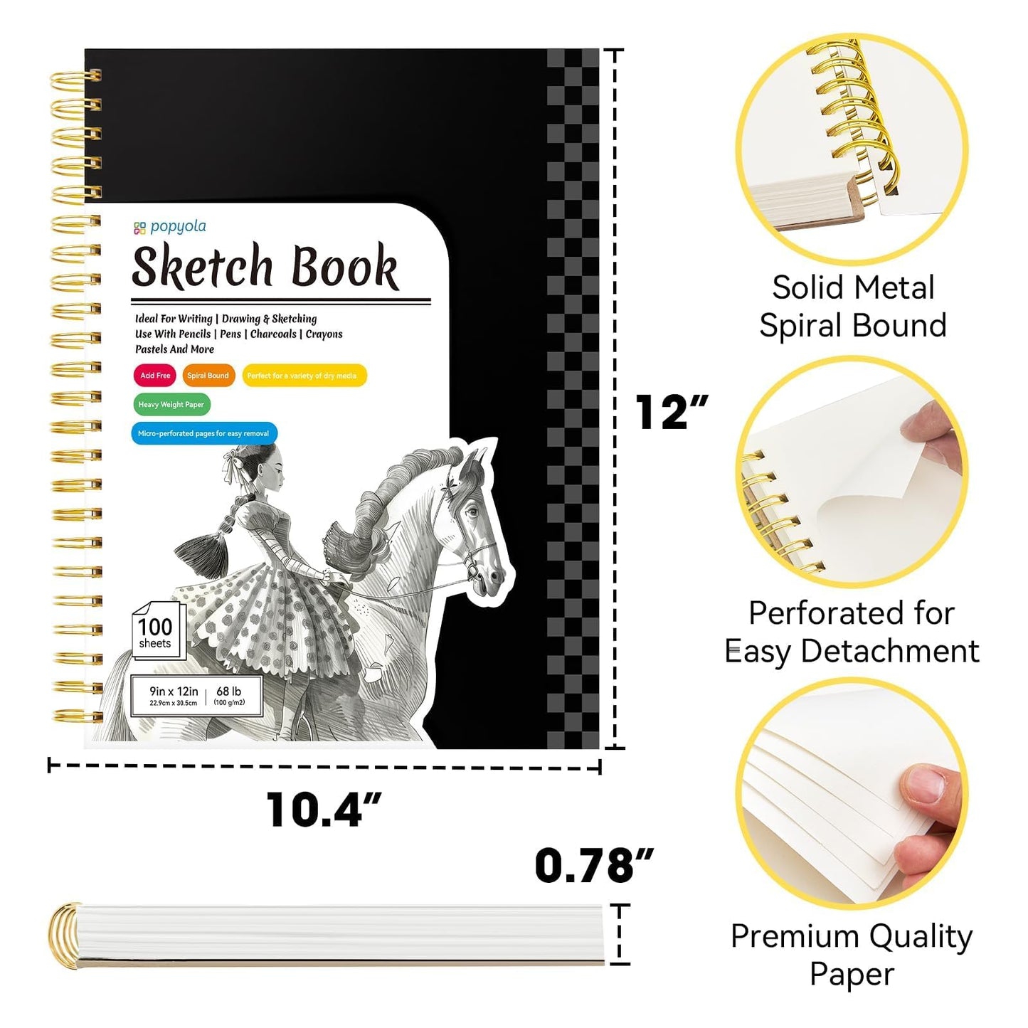 9" x 12" Sketch Book with Bookmark Ruler, 100 Sheets Spiral Sketchbook for Drawing (68lb/100gsm), Acid Free Sketch Pad Artist Sketching Drawing Paper for Kids Teens Adults Artists