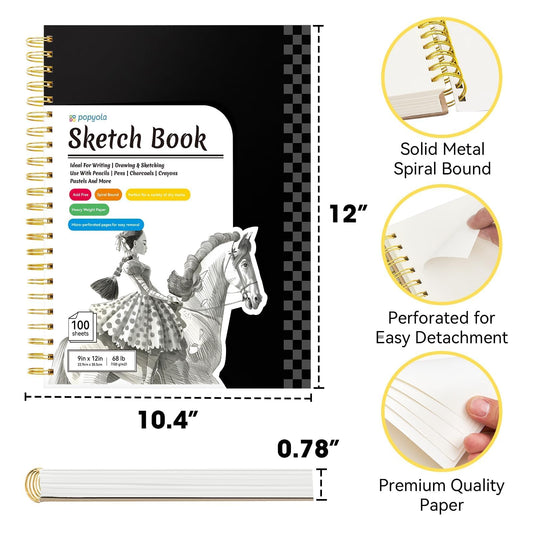9" x 12" Sketch Book with Bookmark Ruler, 100 Sheets Spiral Sketchbook for Drawing (68lb/100gsm), Acid Free Sketch Pad Artist Sketching Drawing Paper for Kids Teens Adults Artists