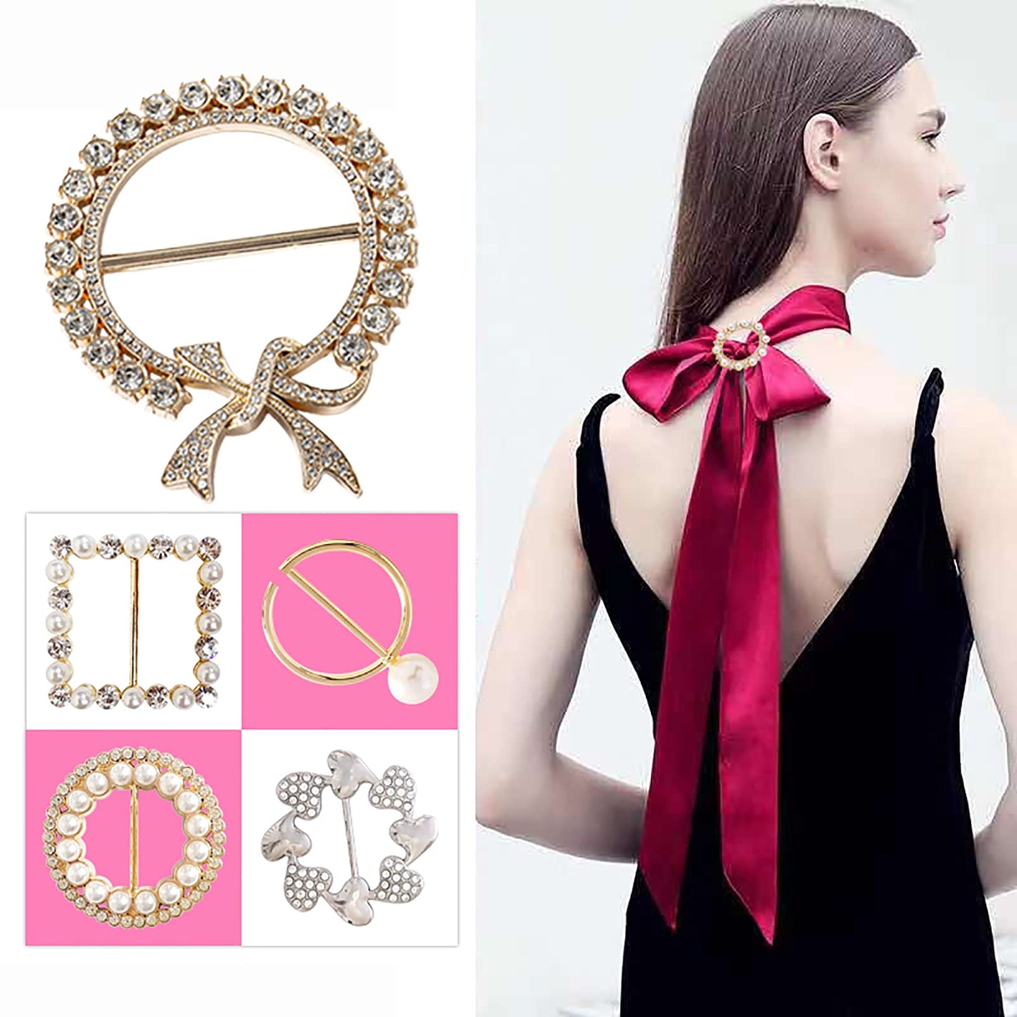 Scarf Tie Buckle Rings for Women,12PCS Metal Party T Shirt Pearls Rhinestone Clips,Clothes Corner Knotted Button for Women Girls Decorative Accessories TXZWJZ