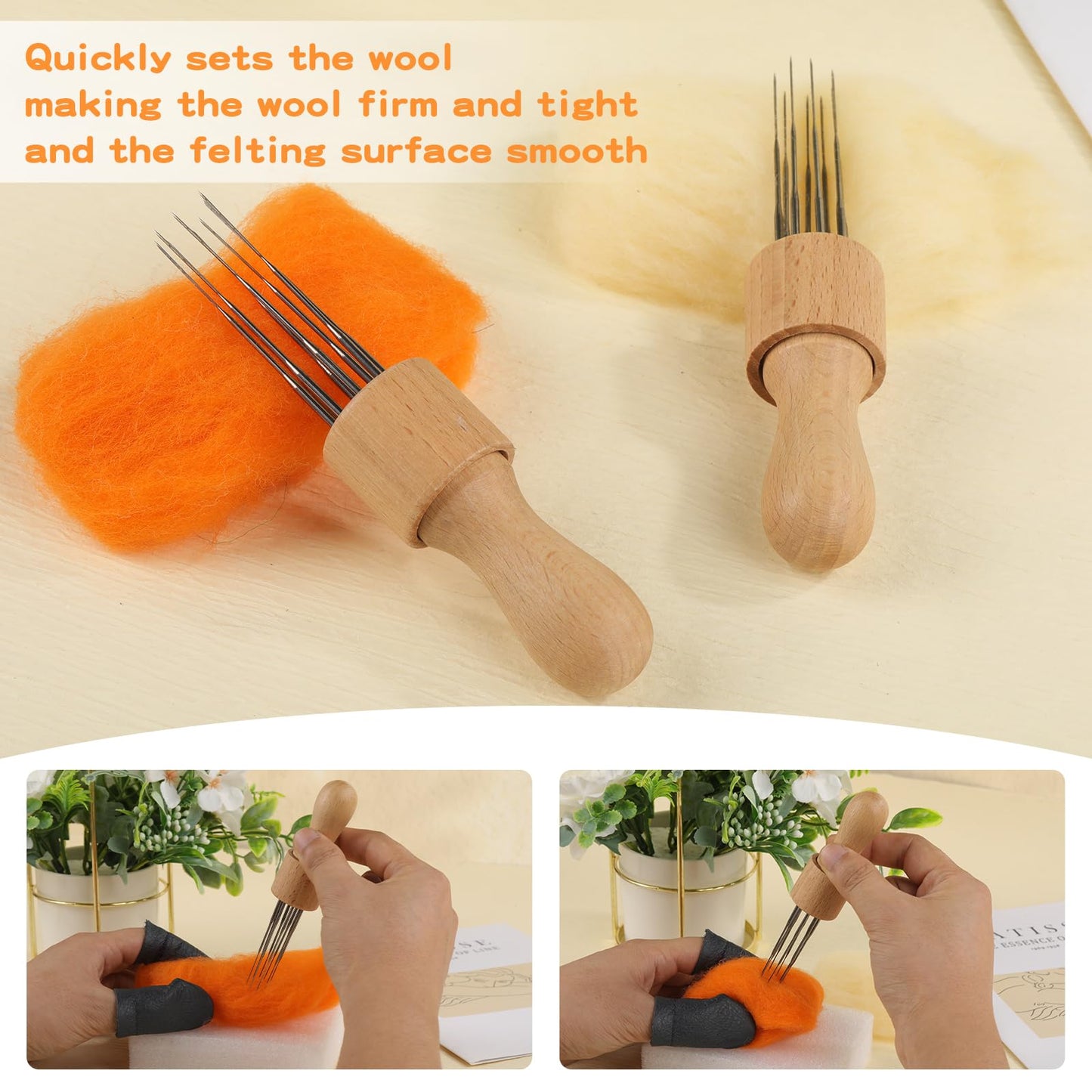 Mayboos Felting Needle with Eight Needles Tool,Craft Wool Felt Stitch Punch Tool with Solid Wood Handle Felting Eight Needles Tool with Finger Cots
