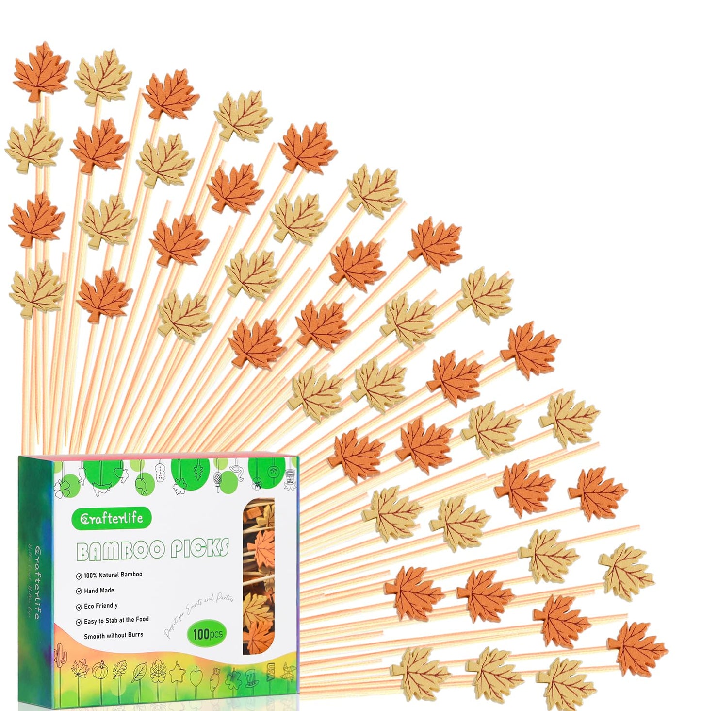 100pcs Maple Leaf Fall Cocktail Picks Long Food Toothpicks Fruit Sticks Sandwich Appetizer Charcuterie Skewers, Made of Bamboo Wood, for Autumn Themed Party Decoration Supplies (Maple Leaves)