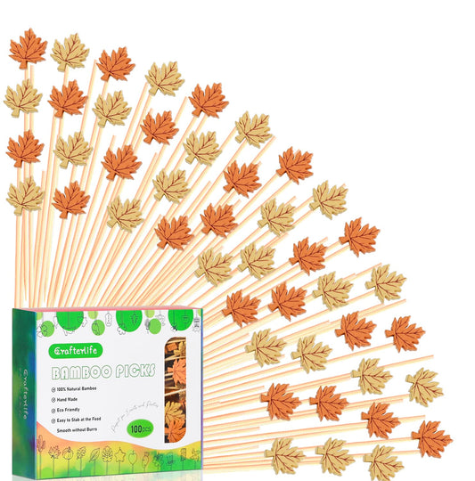 100pcs Maple Leaf Fall Cocktail Picks Long Food Toothpicks Fruit Sticks Sandwich Appetizer Charcuterie Skewers, Made of Bamboo Wood, for Autumn Themed Party Decoration Supplies (Maple Leaves)