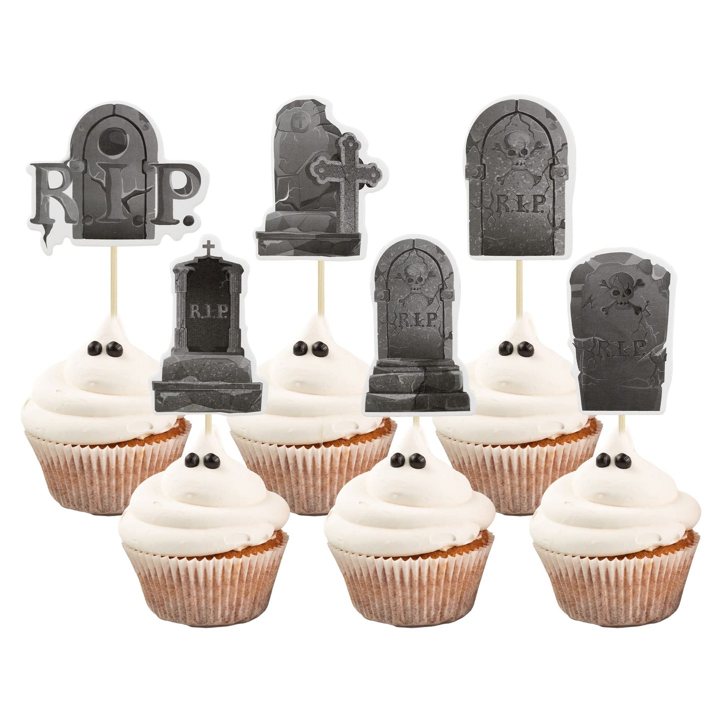 Gyufise 36Pcs Halloween Cupcake Toppers 6 Designs Tombstone Graveyard Cake Toppers Scary Cupcake Decoration Table Centerpiece Sticks Appetizer Picks for Halloween Party Supplies