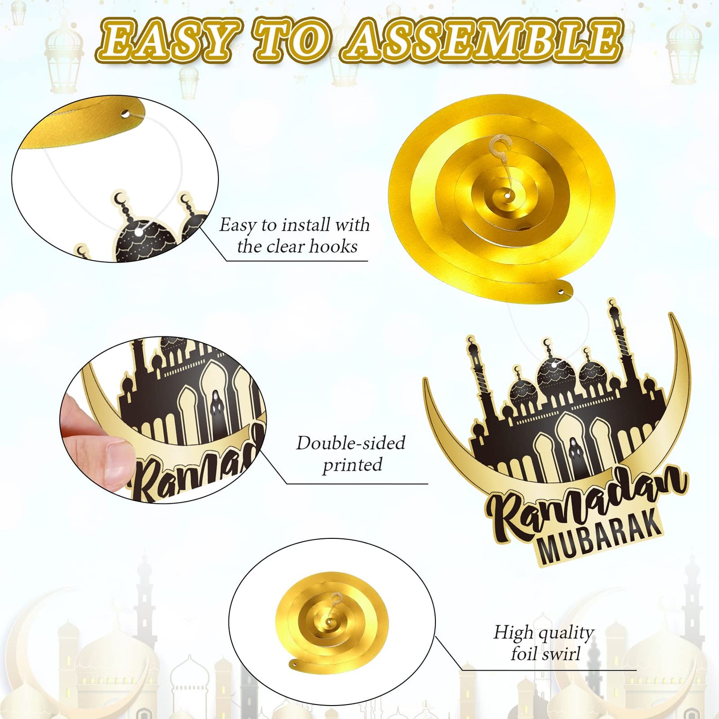 30 Pieces Ramadan Hanging Swirl Decorations, Eid Mubarak Ramadan Ceiling Decorations for Home, Foil Hanging Swirl Streams Eid Kareem Theme Decorations for Muslim Ramadan Party Supplies