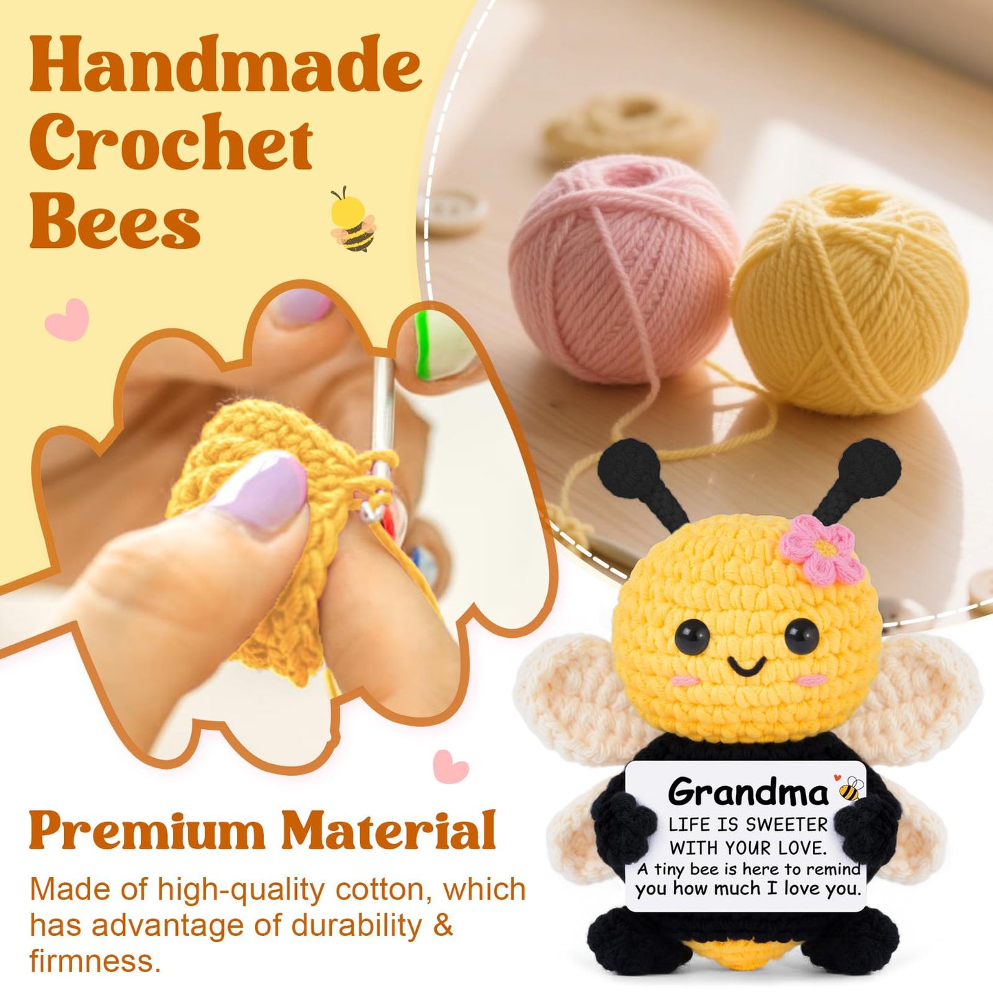Gleevera Grandma Gifts, Birthday Gifts for Grandma from Granddaughter Grandson - Cute Handmade Crochet Bee - Valentines Birthday Mothers Day Present for Grandmother, Emotional Support Crochet Decor