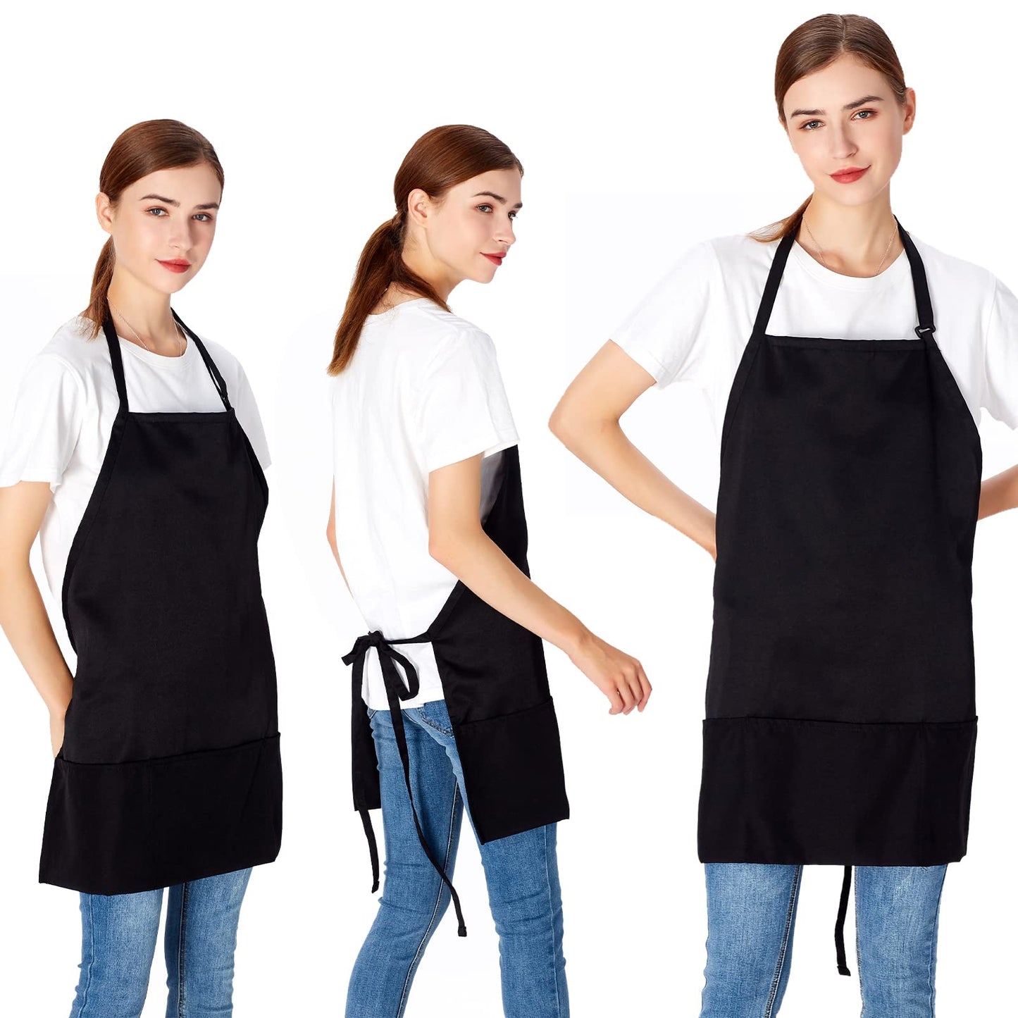 2 Pack 3 Pockets Adjustable Bib Apron Chef Kitchen Cooking Aprons for Women Men, Black
