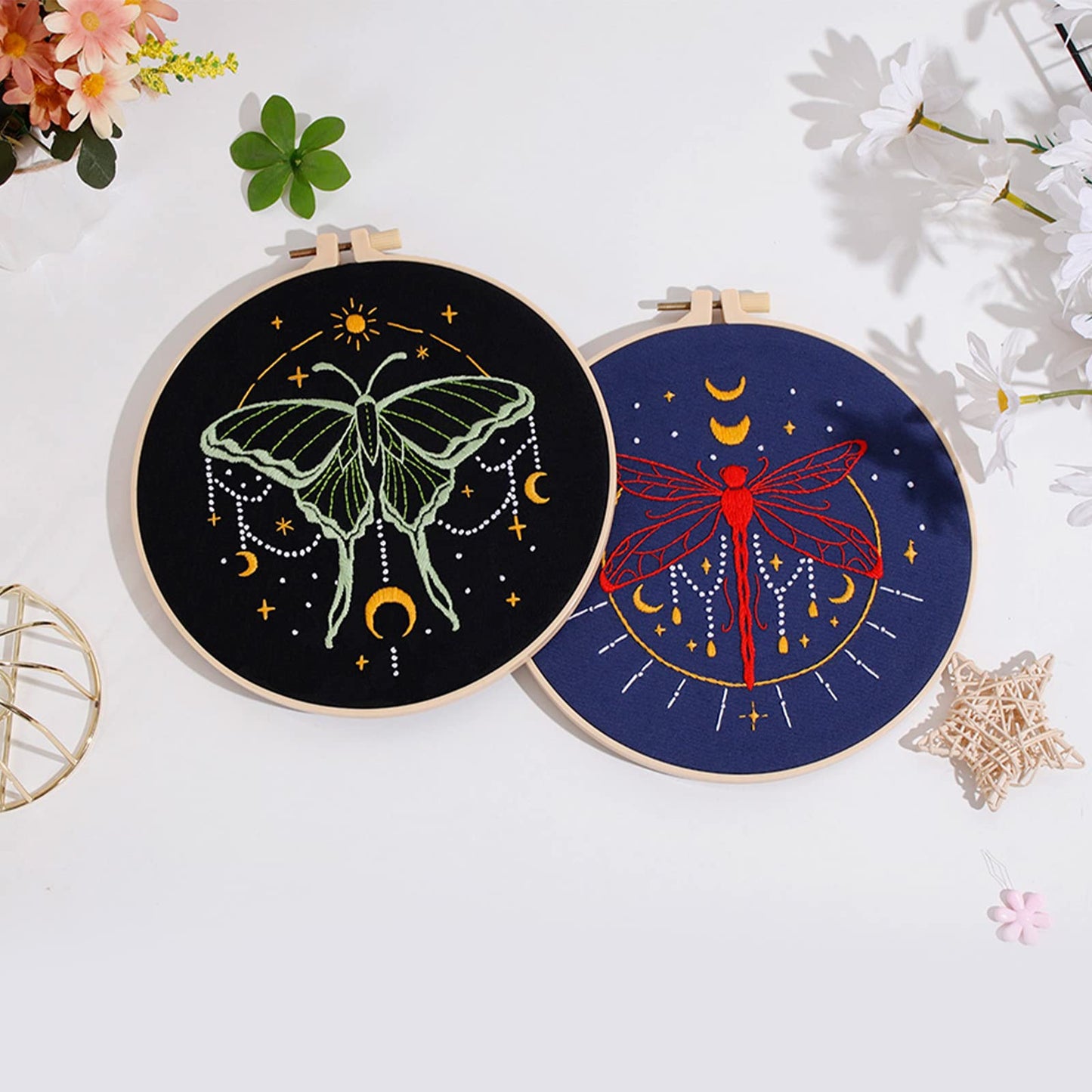 Louise Maelys 3 Set Tarot Embroidery Kits for Beginners with Moon Butterfly Dragonfly and Moth Pattern,Adults Starter Cross Stitch Kit DIY Needlepoint