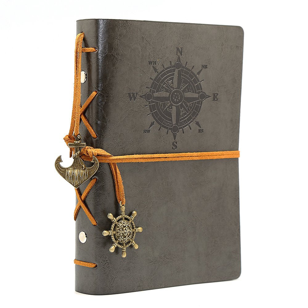EvZ Leather Writing Journal Notebook, 7 Inches Vintage Nautical Spiral Blank String Diary Notepad Sketchbook Travel to Write in, Unlined Paper, Retro Pendants, Classic Embossed, Grey