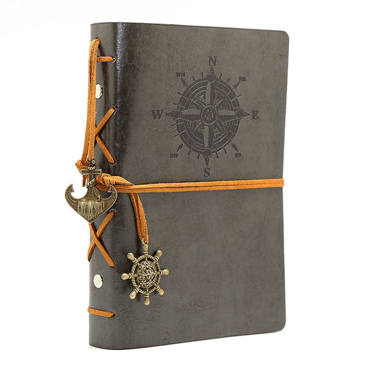 EvZ Leather Writing Journal Notebook, 7 Inches Vintage Nautical Spiral Blank String Diary Notepad Sketchbook Travel to Write in, Unlined Paper, Retro Pendants, Classic Embossed, Grey