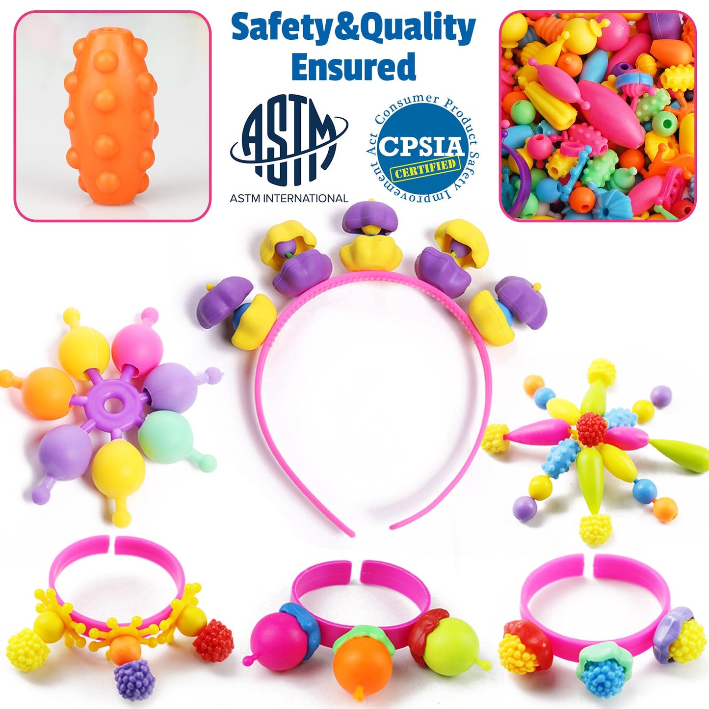 FUNZBO 850pcs Pop Beads - Jewelry Making Kit for 3 4 5 6 7 8 Year Old Little Girls, Arts and Crafts Toys for Kids, Necklace Bracelet Ring Hairband Creativity Snap Set, Birthday Gifts for Kids