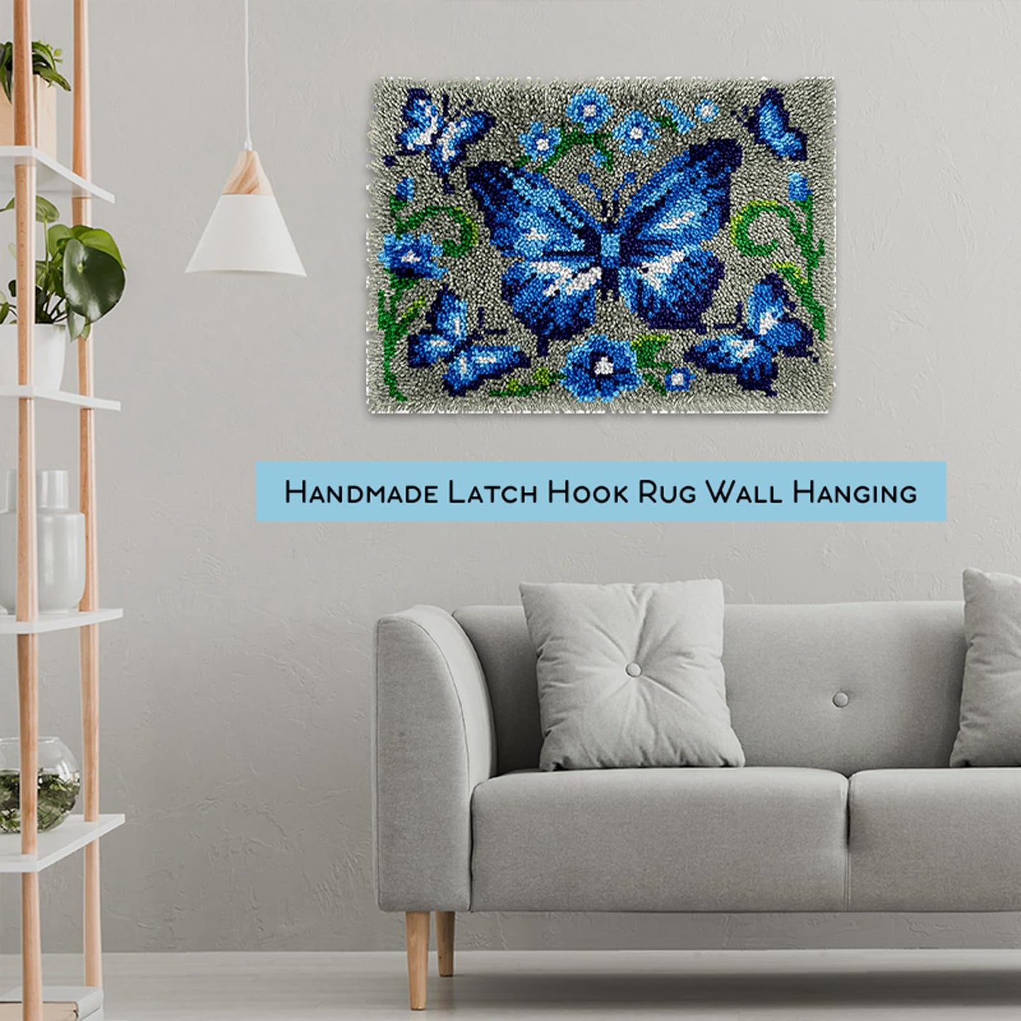 Blue Butterfly Latch Hook Kits for Adults, Beginners Insect Latch Hook Rug Starter Kit Pre-Printed Carpet Making Set DIY Handmade Wall Hanging Craft for Home Decoration 20x15 inch