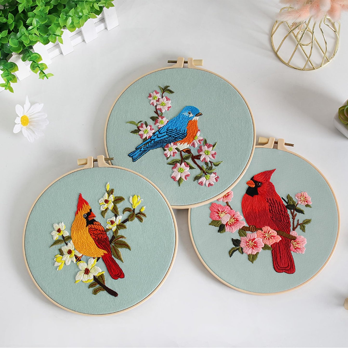 3 Sets Bird Embroidery Kits for Beginners,Adults Starter Flower Pattern Cross Stitch Kit DIY Needlepoint Kits with Embroidery Instructions