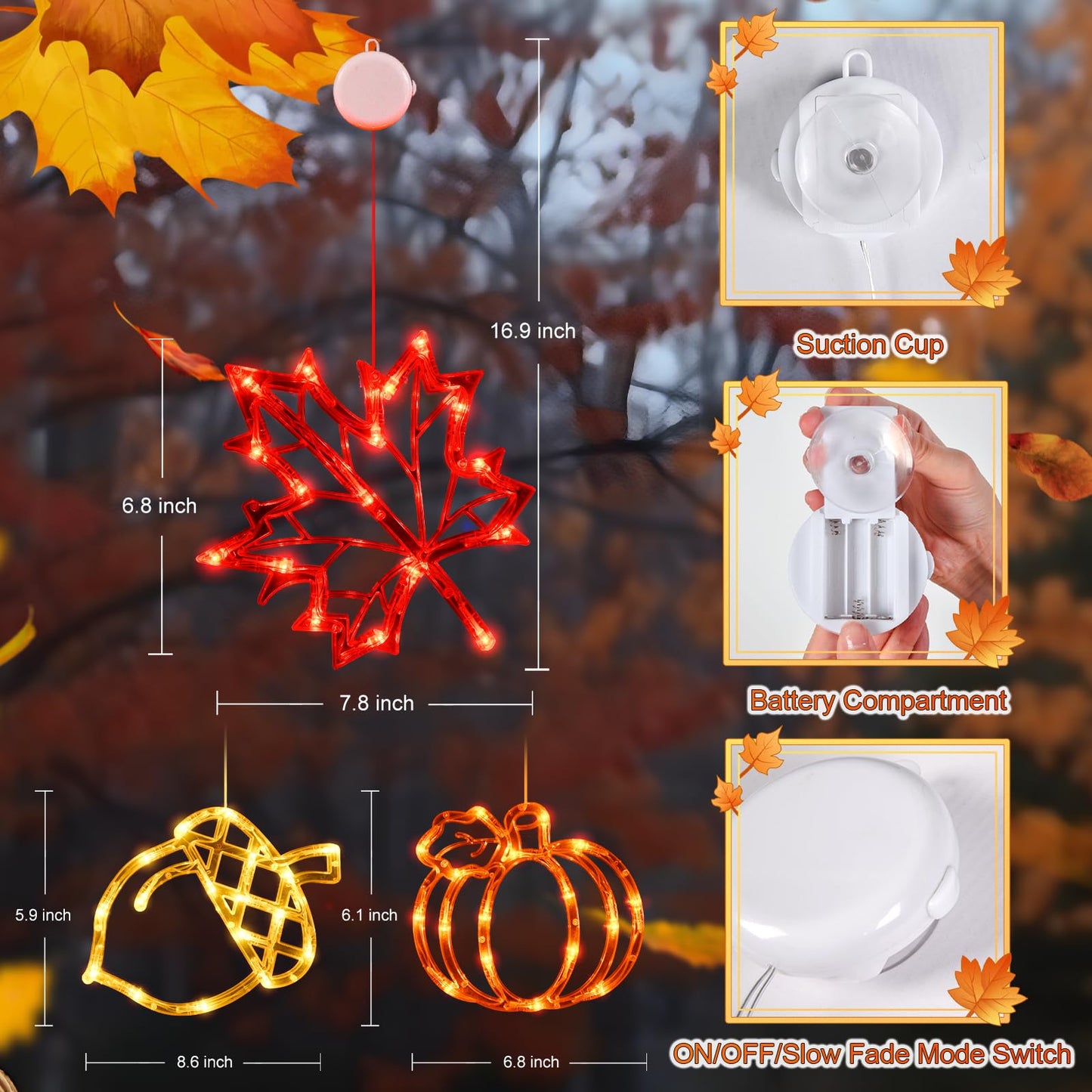 Fall Decor Window Lights 2025 Thanksgiving Decorations Acorn Maple Leaves Pumpkin LED Lights with Suction Cups Battery Operated(Exclusive) Slow Fade Mode Timer Autumn Decorations for Home