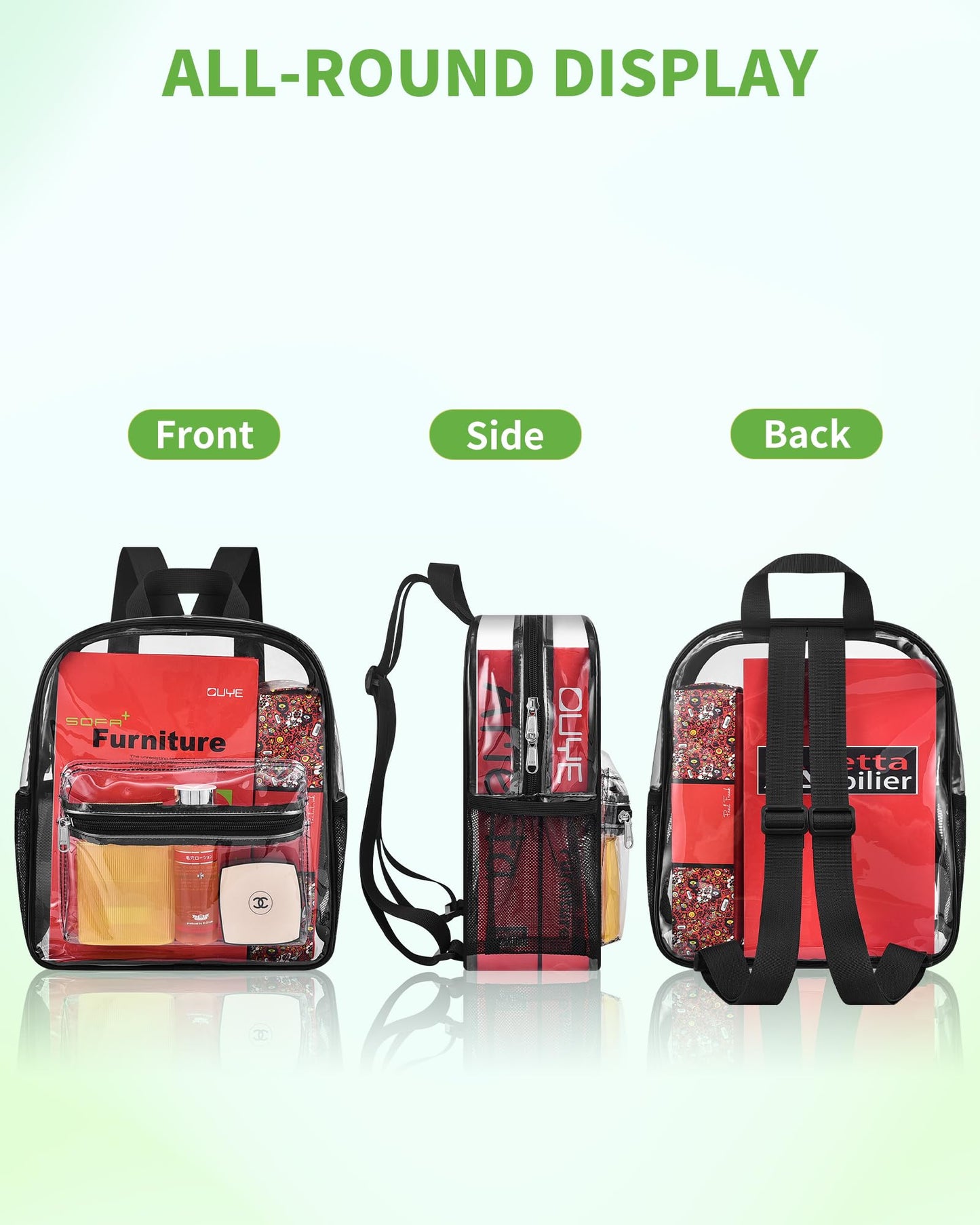 MAY TREE Clear Backpack for Stadium Events, 12x11x4.5 Inch Small Clear Backpack for Concert Festival Sports Outdoor - Black