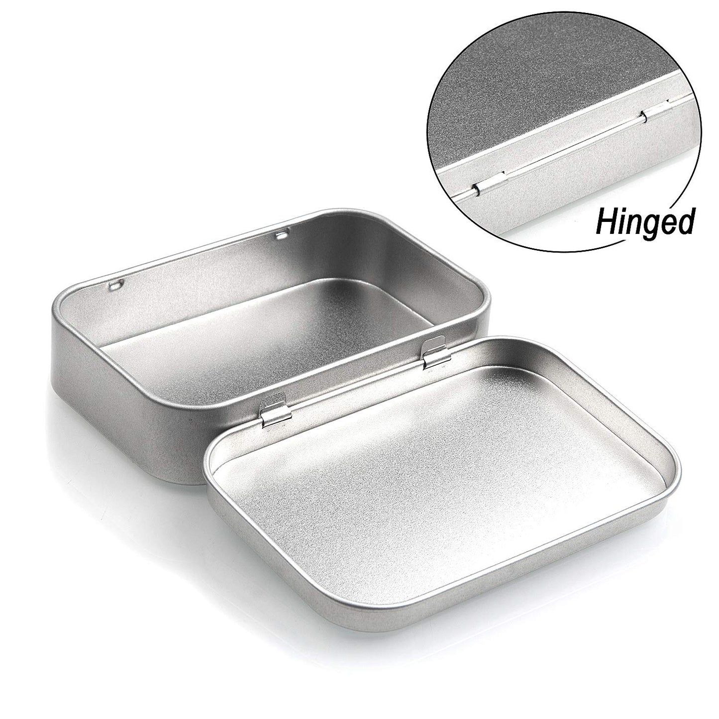 CenterZ 6 Pack Hinged Tin Box Containers - 3.7 x 2.4 x 0.8 inch Metal Tins Storage Boxes with Lids, Rectangular Empty Small Home Craft Organizer for Gift, Jewelery, Pill, Candy, Matches, Soap (Silver)