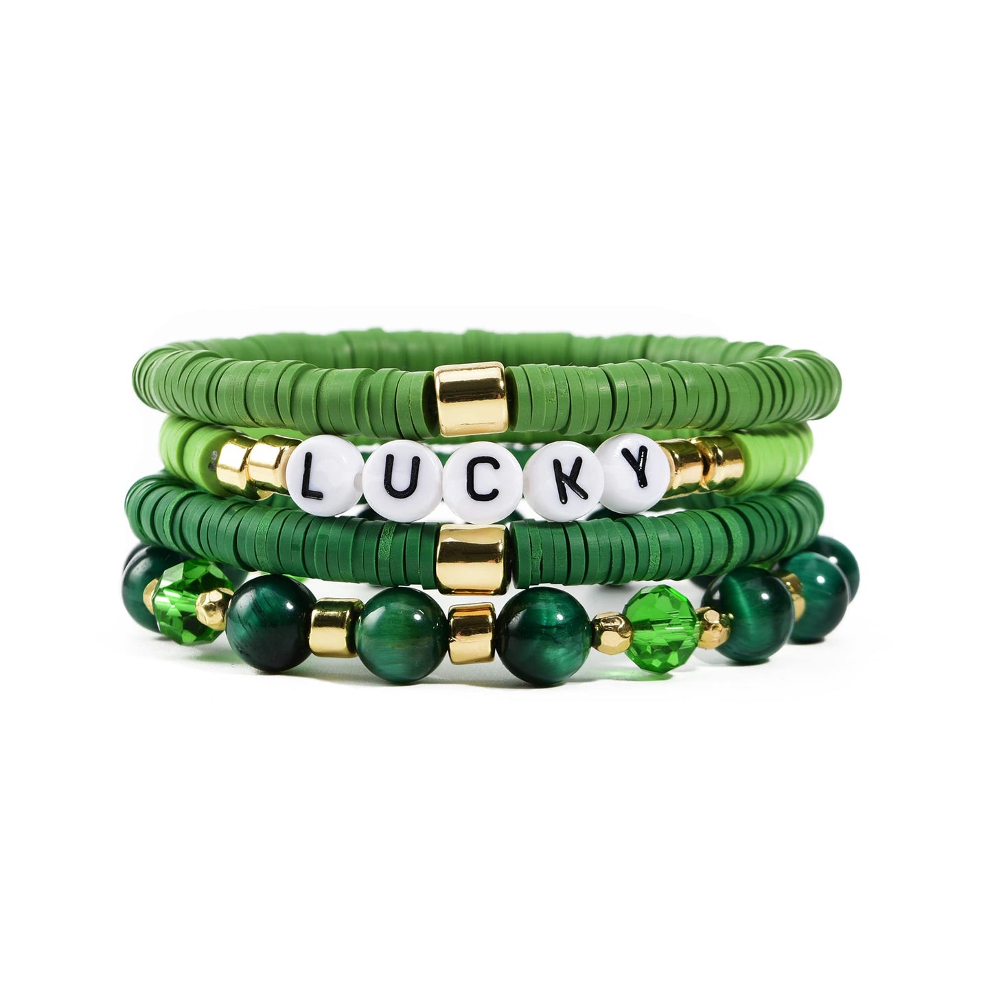 St. Patrick Day Heishi Bracelets for Women Clay Beaded Stretch Bracelets Stackable Crystal Stone Beaded Green Bracelets Set Friendship Boho Outfits Jewelry