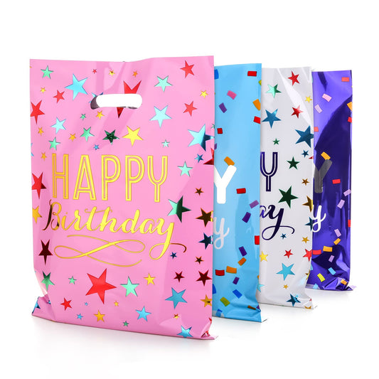 PintreeLand Medium(6.7 * 9.8inch) Happy Birthday Party Favor Bags 40 PCS Plastic Goodies Loot Bags Bulk for Kids Baby Girls & Boys Birthday Return Gift (B Style 40 Packs)