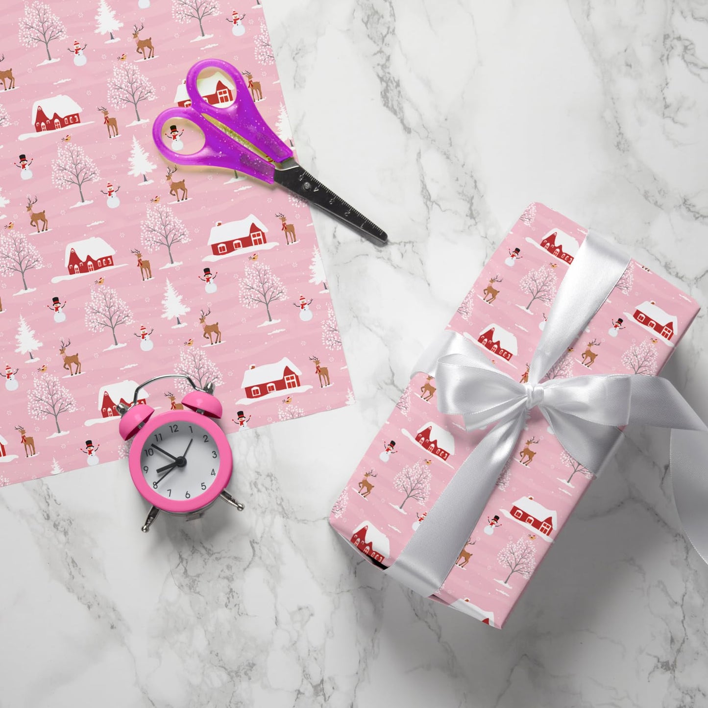 Cuitpan Pink Christmas Wrapping Paper - Xmas Gift Wrap with Snowy Houses, Reindeer, Snowmen & Trees Design - Perfect for Kids & Adults Gift Wrapping - 40×28 Inches, 4 Folded Sheets