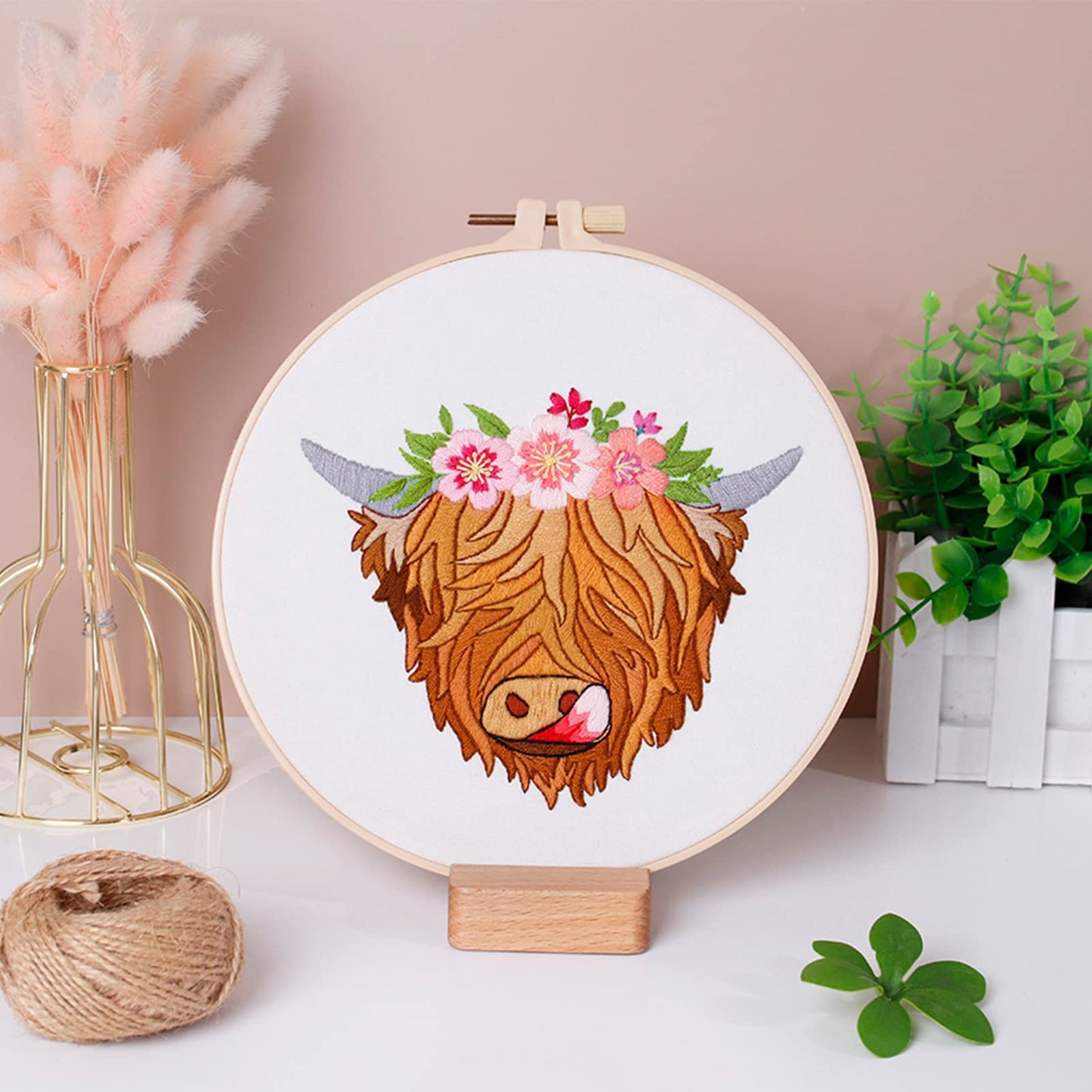 Louise Maelys Highland Cow Stamped Embroidery Kits for Beginners, Cross Stitch kit for Adults Include Instruction,Cloth,Hoop, Needles, Color Threads
