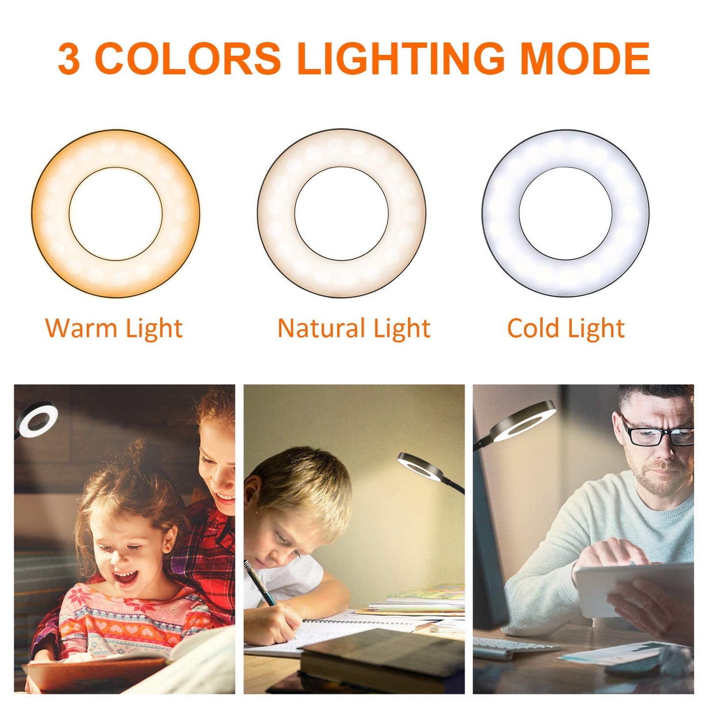 Dpower Clip on Light Reading Lights, 48 LED USB Desk Lamp with 3 Color Modes 10 Brightness, Eye Protection Book Clamp Light, 360 ° Flexible Gooseneck Clamp Lamp for Desk Headboard Video Conferencing