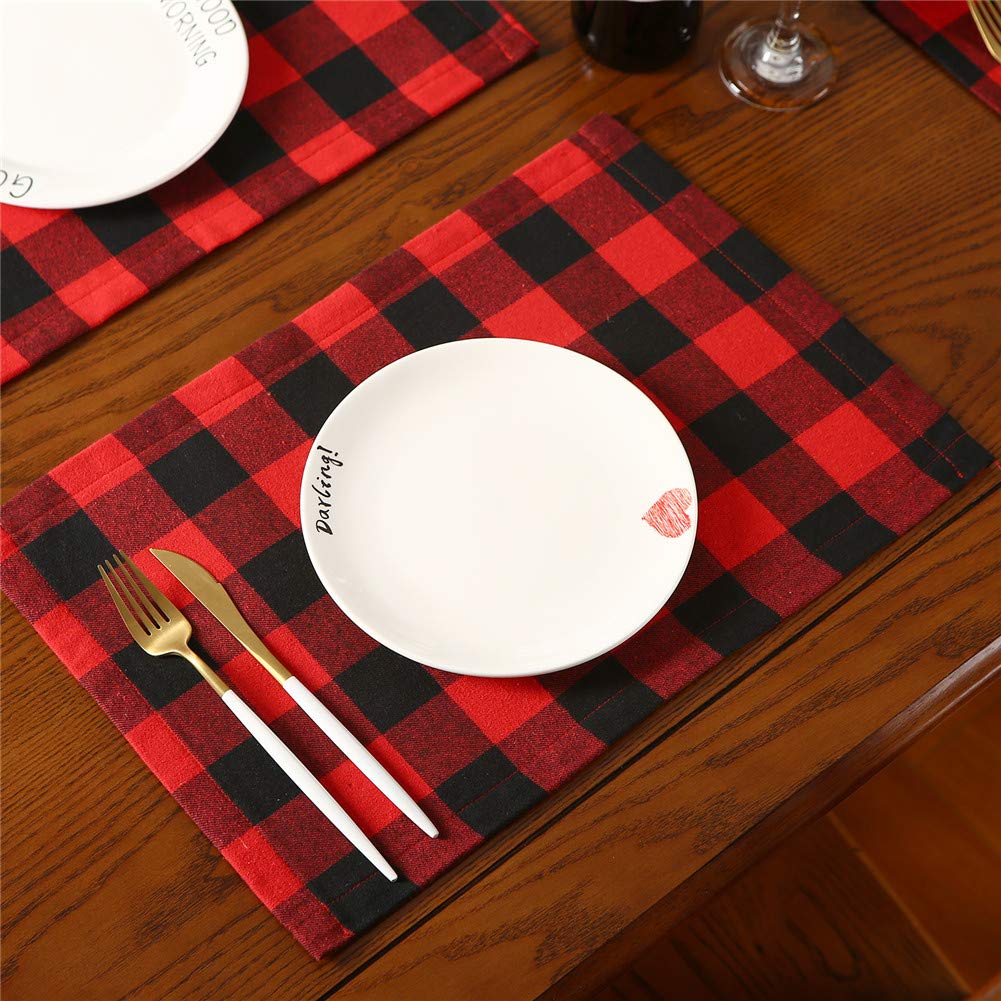 Christmas Buffalo Plaid Placemats Set of 4, Polyester & Burlap Reversible Red and Black Buffalo Check Place Mats Christmas Dining Table Decorations,12”x17”
