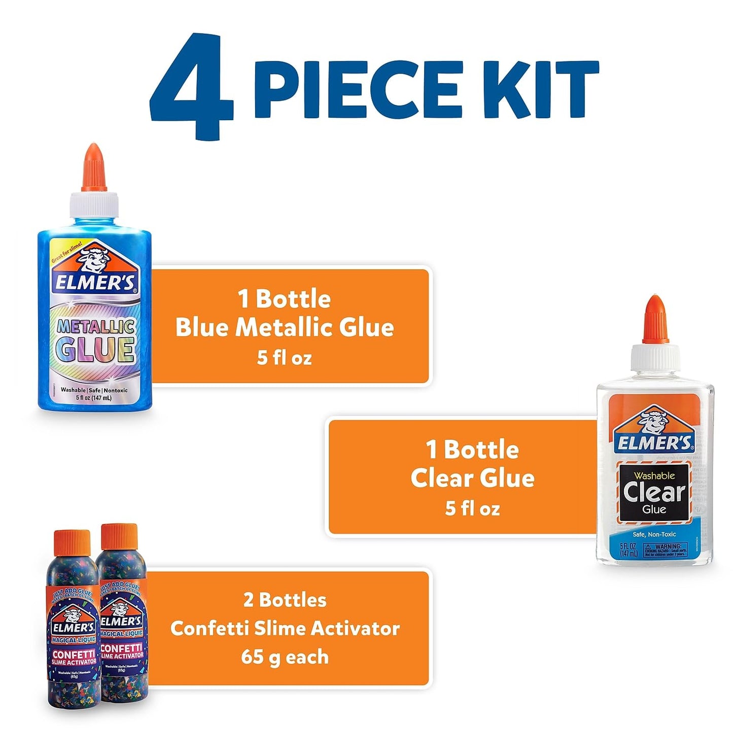Elmer’s Confetti Slime Kit, Slime Supplies Include Metallic Glue, Clear Glue, Confetti Magical Liquid Activator, 4 Count - Perfect for Parties, Gift, Kids Activity Time