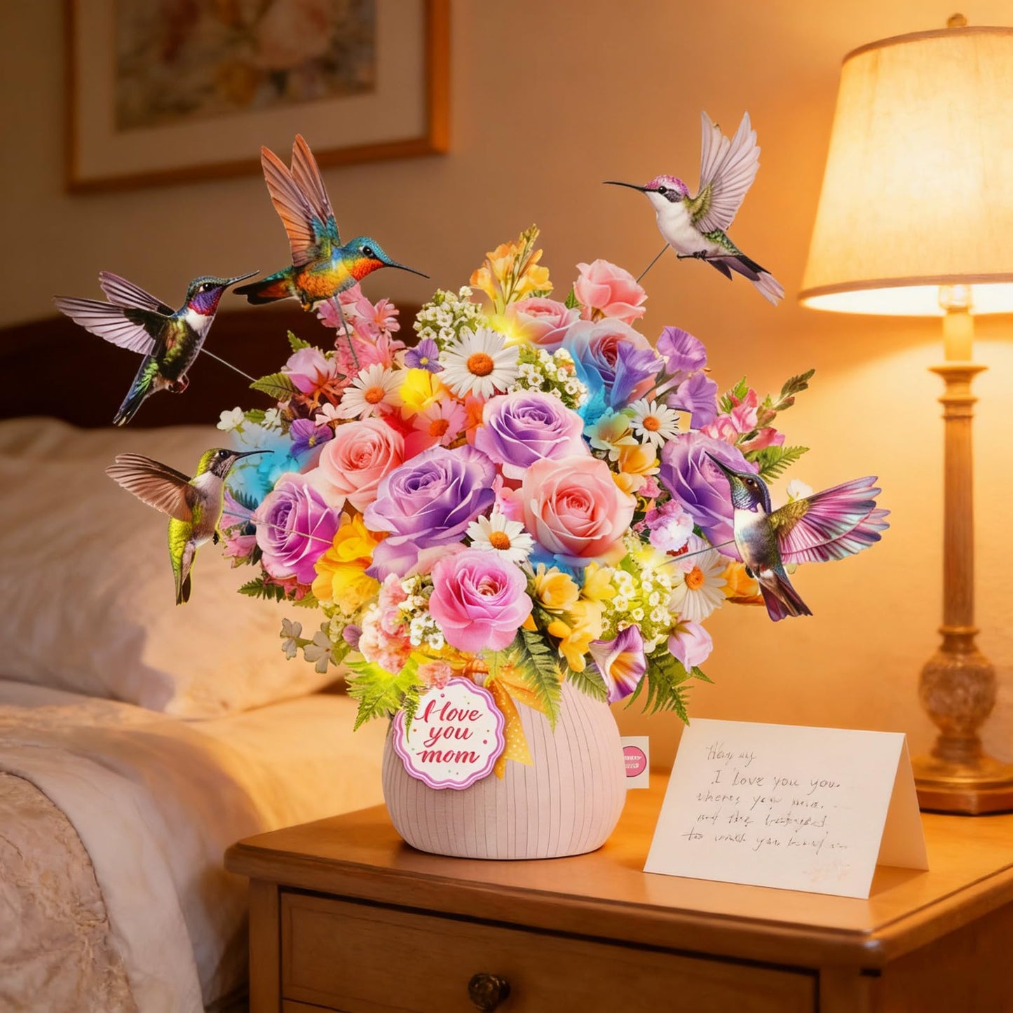 MZD8391 Mothers Day Card with Music & Lights, 3D Pop Up Mothers Day Gift, Hummingbird, 10 Inch Life Sized Forever Flower Bouquet Birthday Card For Mom, Women, Wife