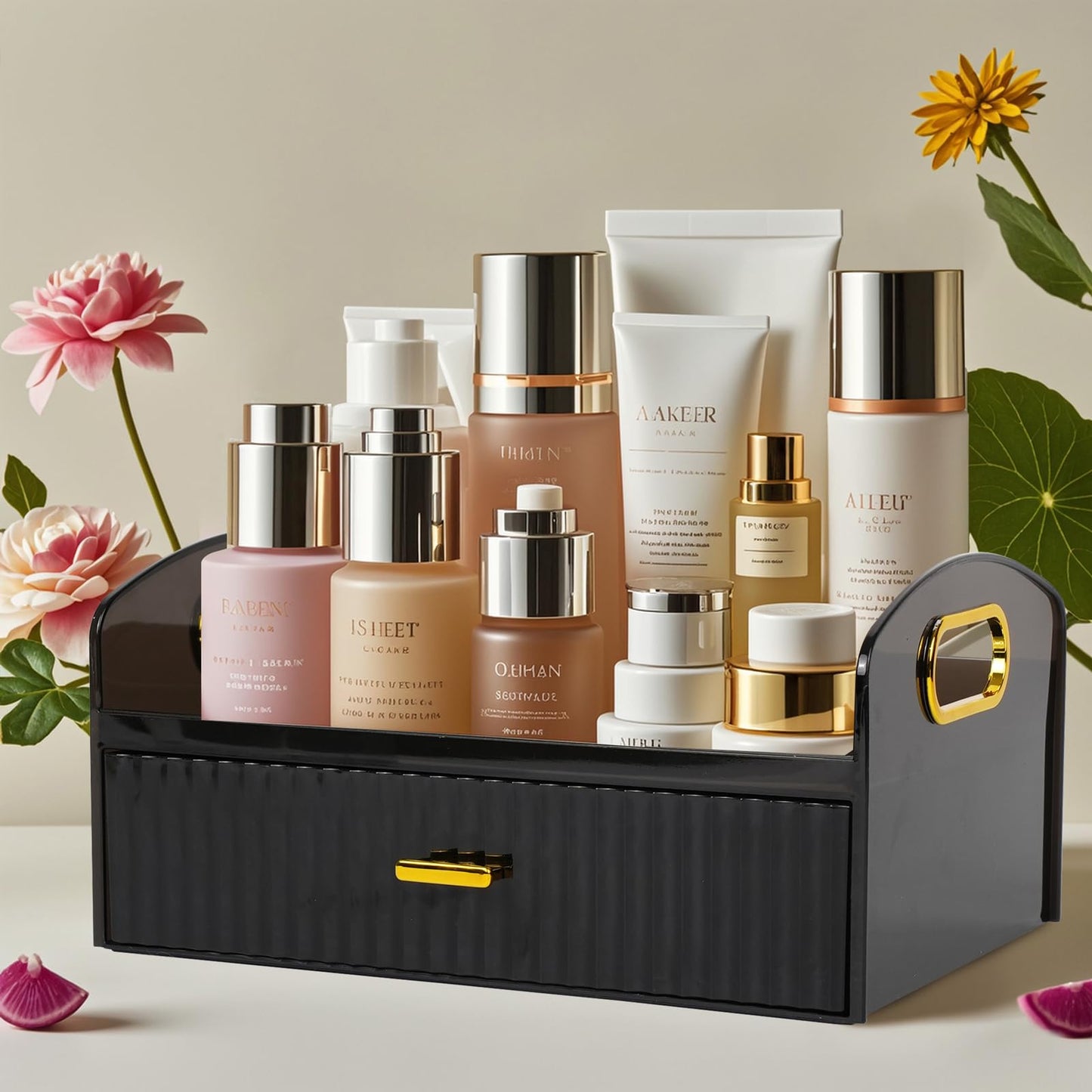 Makeup Organizer Countertop With Drawers Bedroom Vanity Clear Skincare Organizer Cute Cosmetic Display Cases for Perfumes Lipsticks, Black