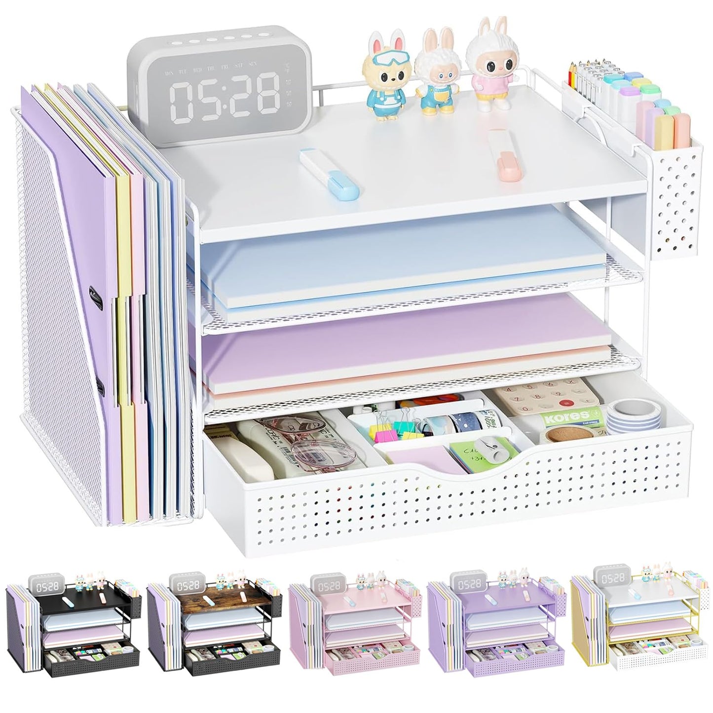 gianotter Wood Desk Organizers and Accessories with File Holder, 4-Tier Desk Accessories & Workspace Organizers with Drawer and Pen Holder, Paper Organizer for Office Supplies (White)