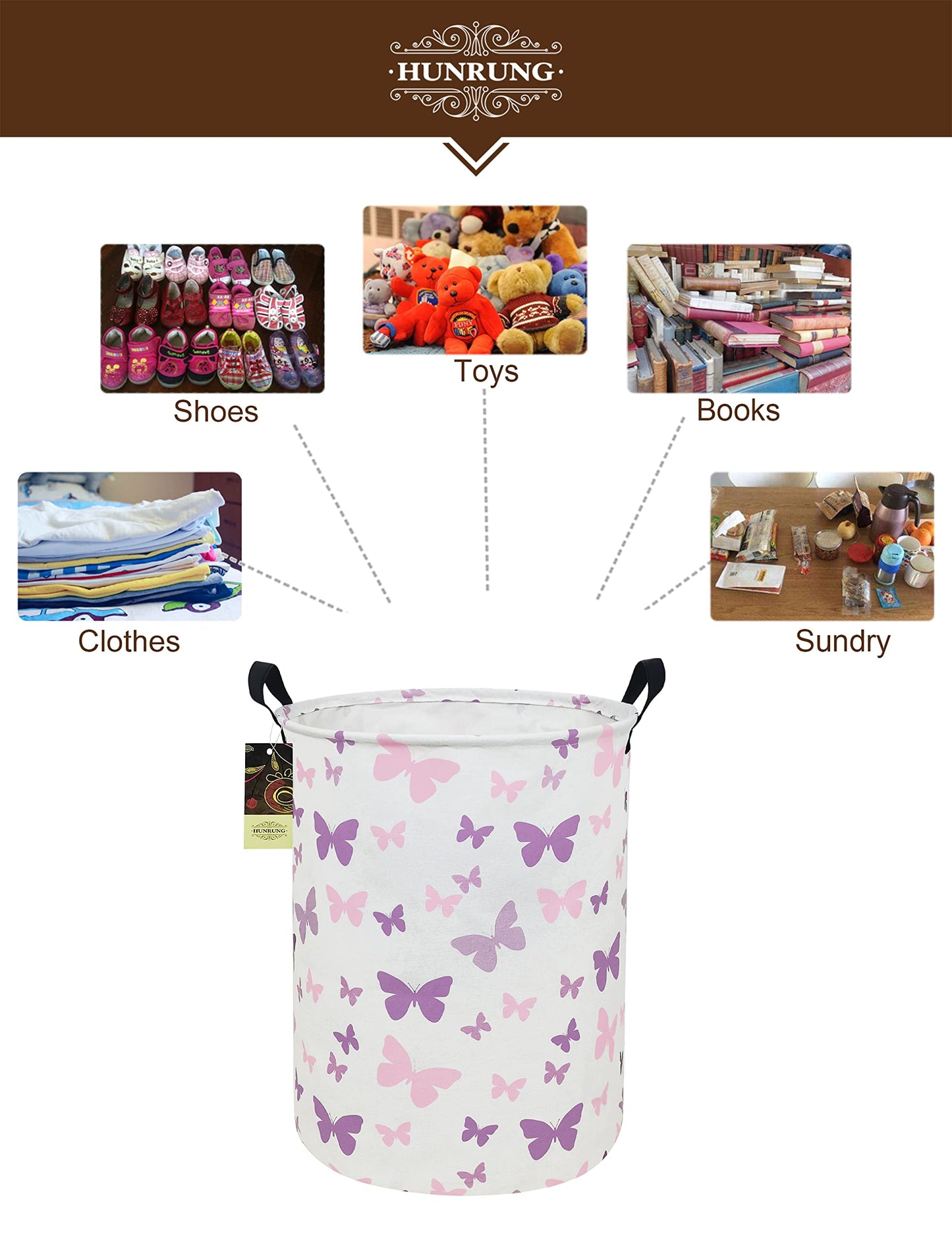 Laundry Hamper,Large Canvas Fabric Lightweight Storage Basket Toy Organizer Dirty Clothes Collapsible Waterproof for College Dorms（Round-Butterfly）