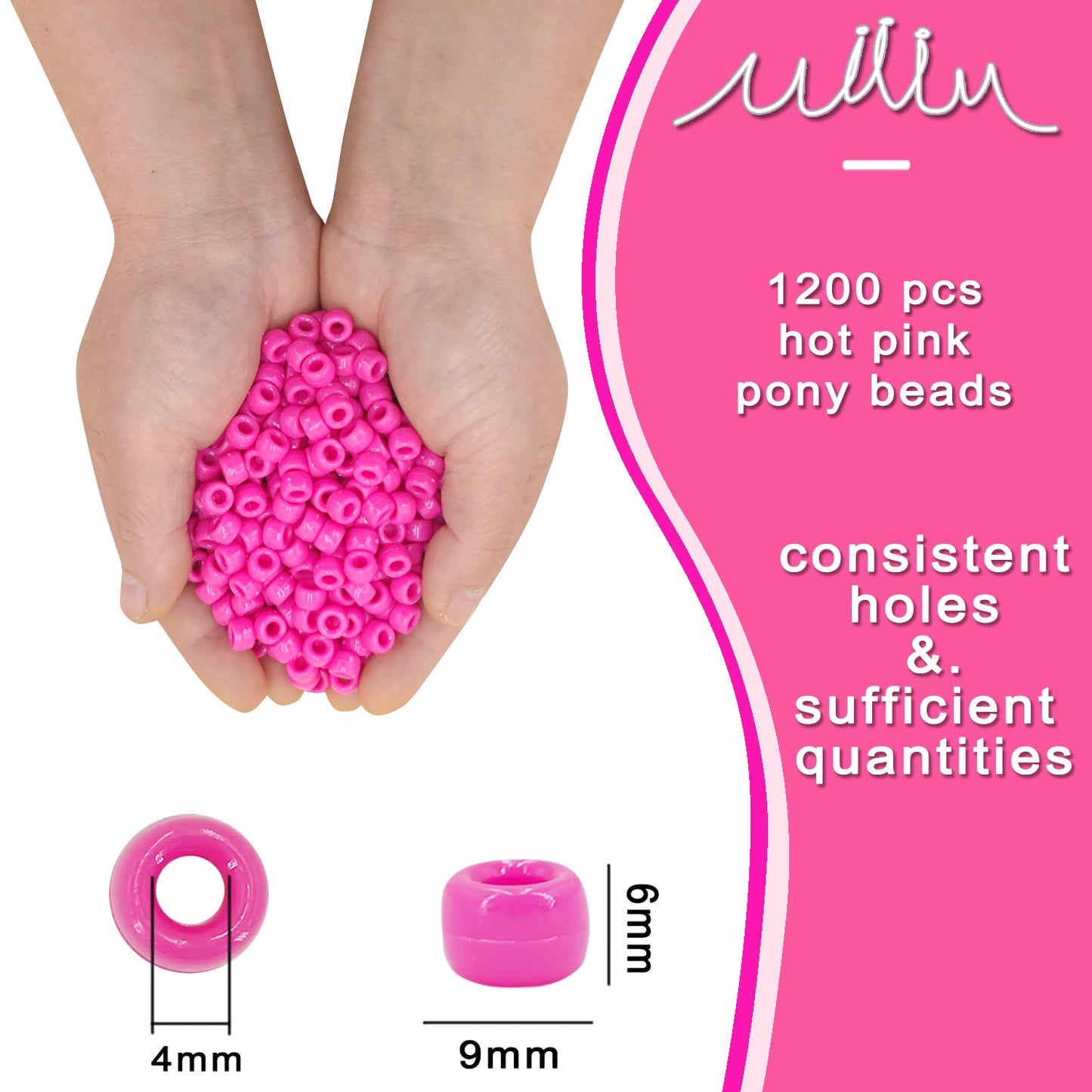 MIIIM 1200PCS 6x9mm Pony Beads Bulk, Hot Pink Pony Beads for Bracelets Making Kit, Kandi, Hair Braids Crafts for Jewelry Making (Hot Pink)