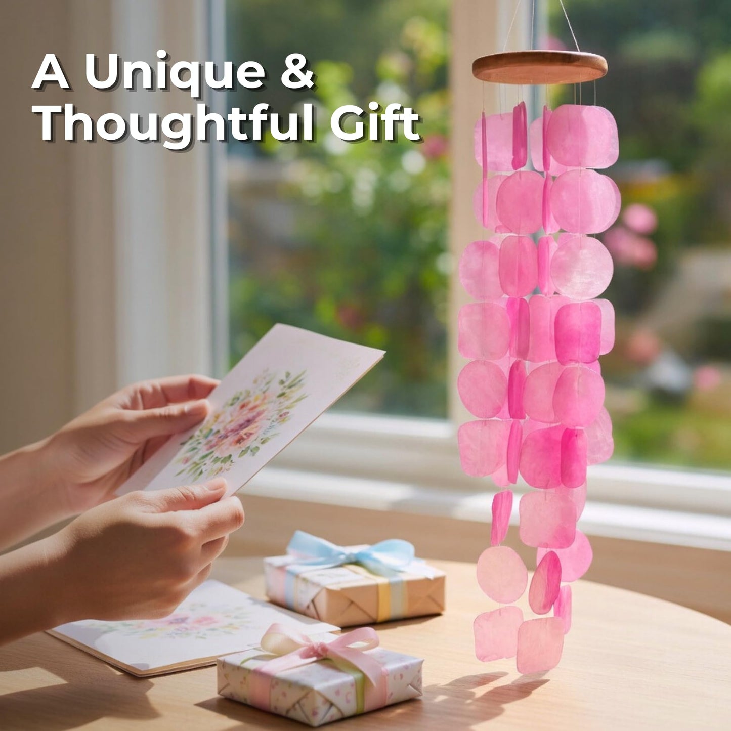 Solange & Frances Pink Capiz Shells Wind Chimes. Spring Decor Wind Chimes for Outside Garden Decor. Unique Birthday Gifts for Women, Gift for Women Ideas