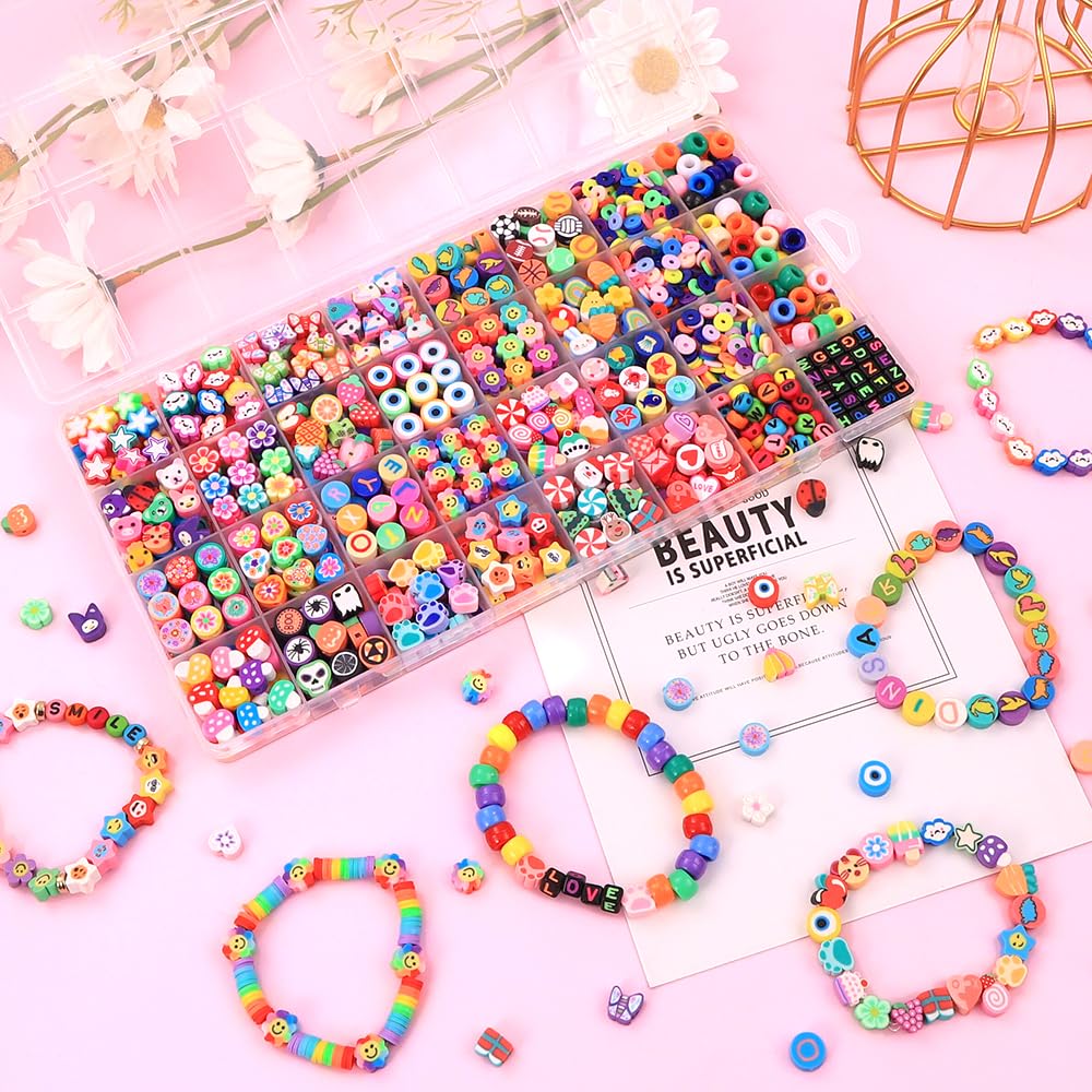 DULEFUN 1060pcs Polymer Clay Beads Charms Kits 28 Styles Cute Fun Clay Beads Charms Flower Butterfly Heart Letter Pony Beads Charms for Women Girls Bracelet Necklace Earring Making