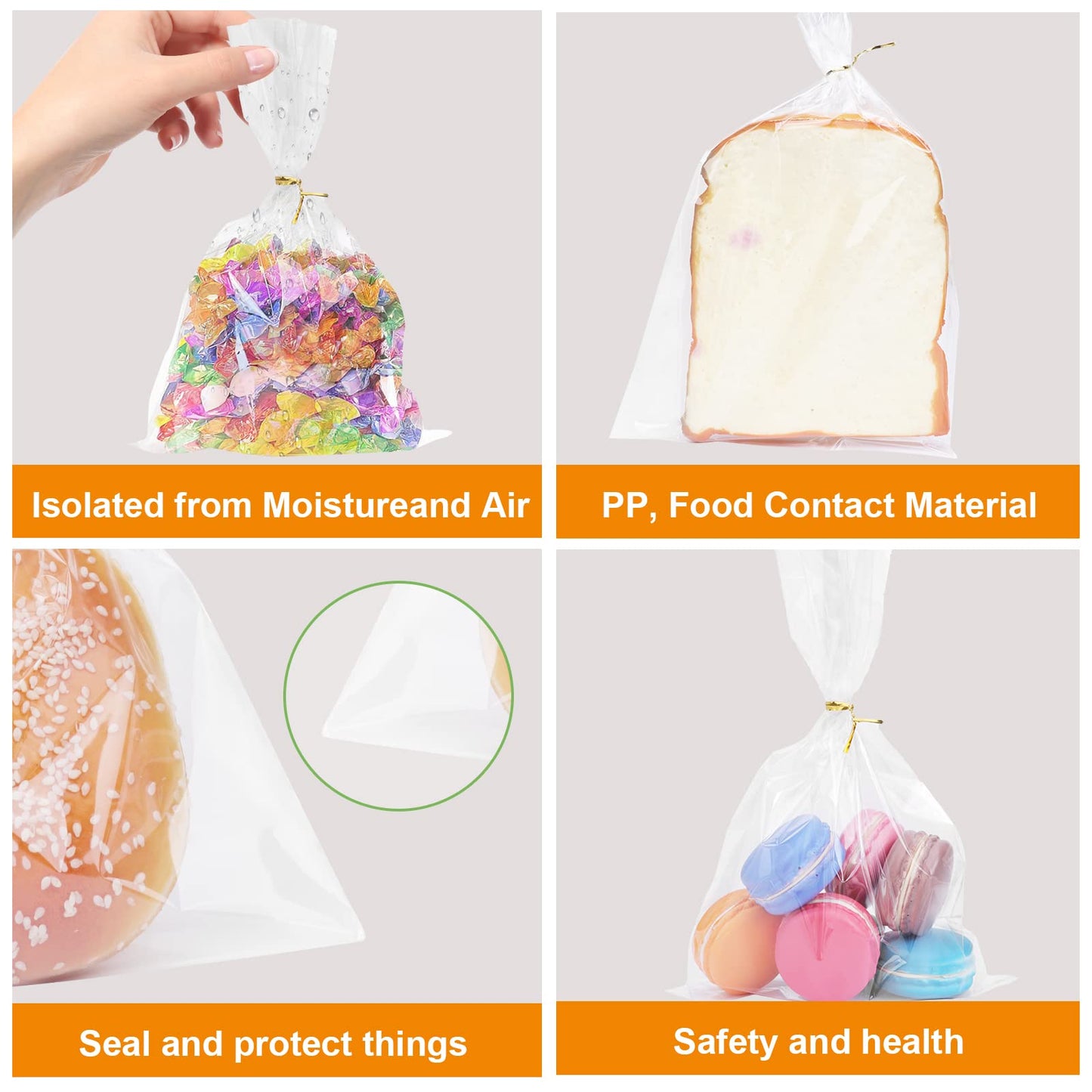 NEOACT 300 PCS Clear Flat Cellophane Treat Bags with 3x5,4x6,5x7,6x9,2x10,5x11,Treat Bags with Ties are Good for Pretzel Rods,Bakery, Cookies, Candies,Dessert.
