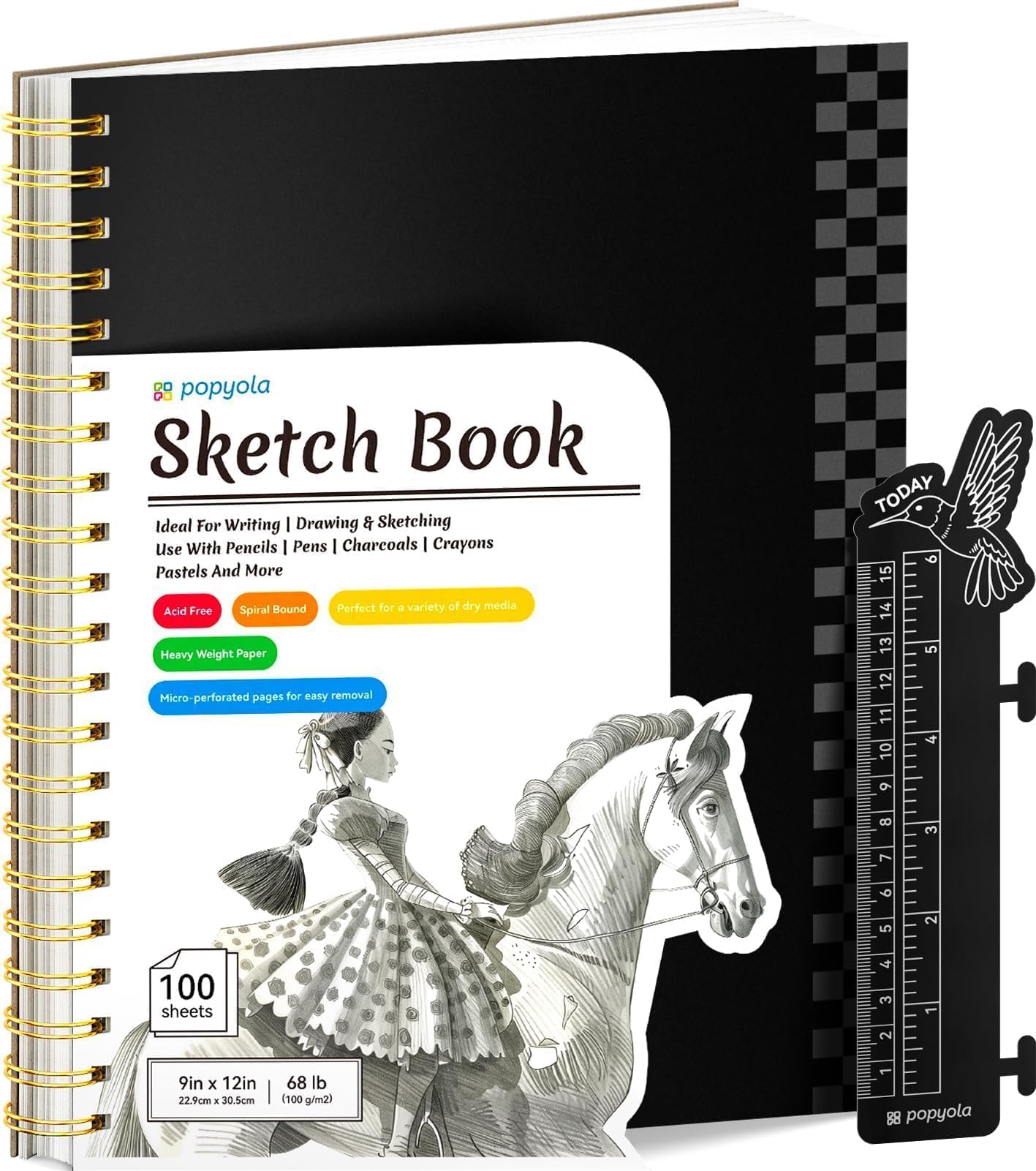 9" x 12" Sketch Book with Bookmark Ruler, 100 Sheets Spiral Sketchbook for Drawing (68lb/100gsm), Acid Free Sketch Pad Artist Sketching Drawing Paper for Kids Teens Adults Artists