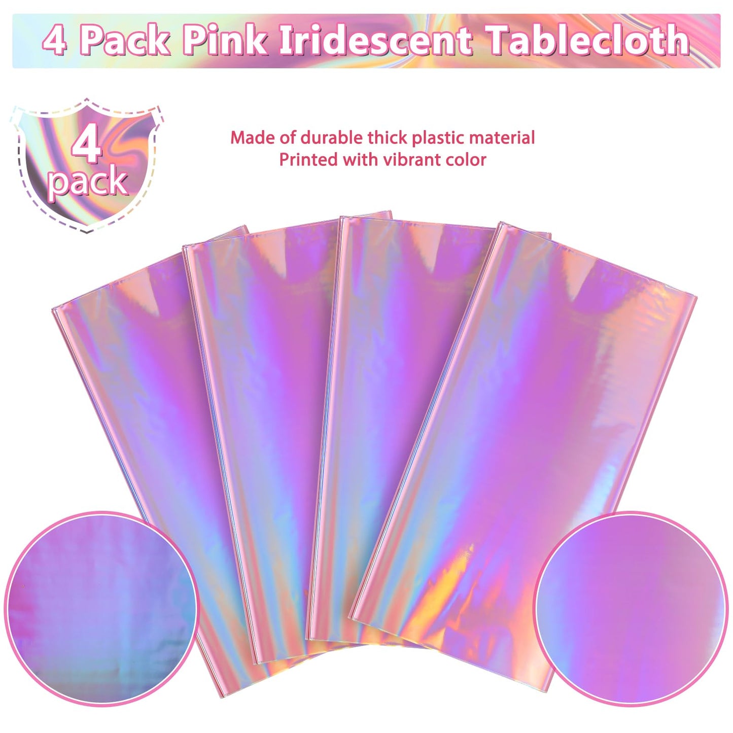4 Pack Iridescent Pink Plastic Tablecloths, FunnyPars Shiny Disposable Laser Rectangle Table Covers, Holographic Foil Tablecloth Iridescent Party Decorations for Birthday Wedding Christmas, 54x108Inch